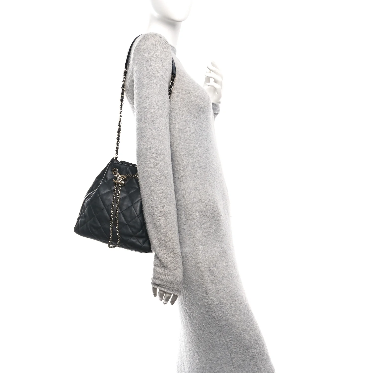 Lambskin Quilted Chain Drawstring Bag Black - Image 2
