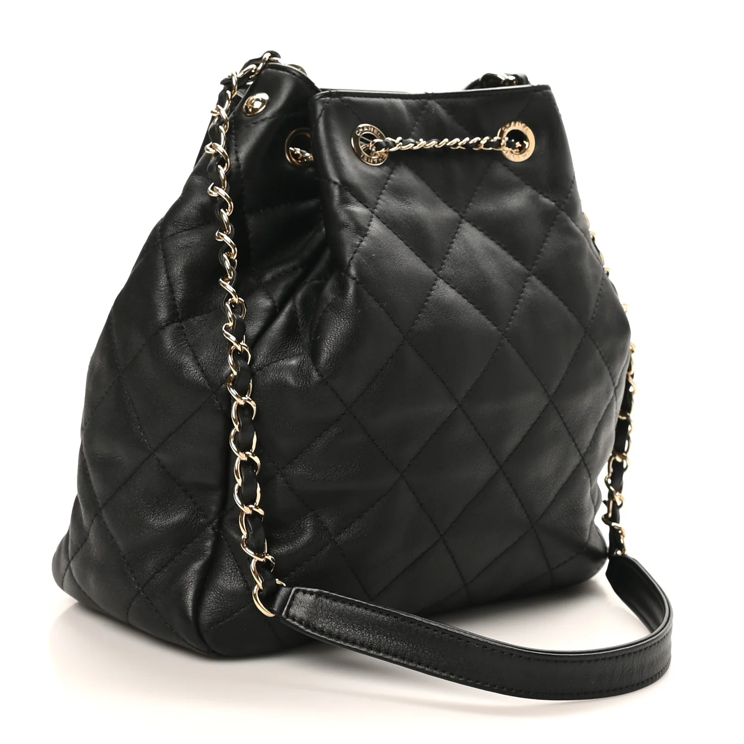 Lambskin Quilted Chain Drawstring Bag Black - Image 3