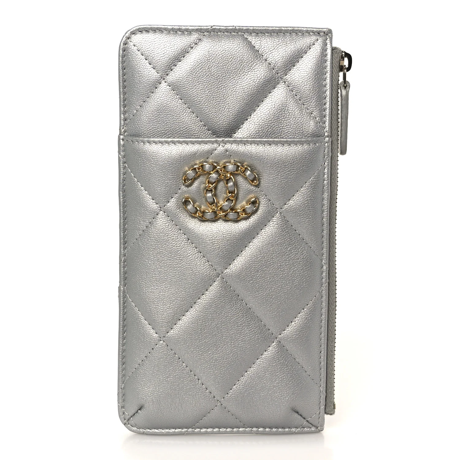 Lambskin Quilted Chanel 19 Phone and Card Holder Silver