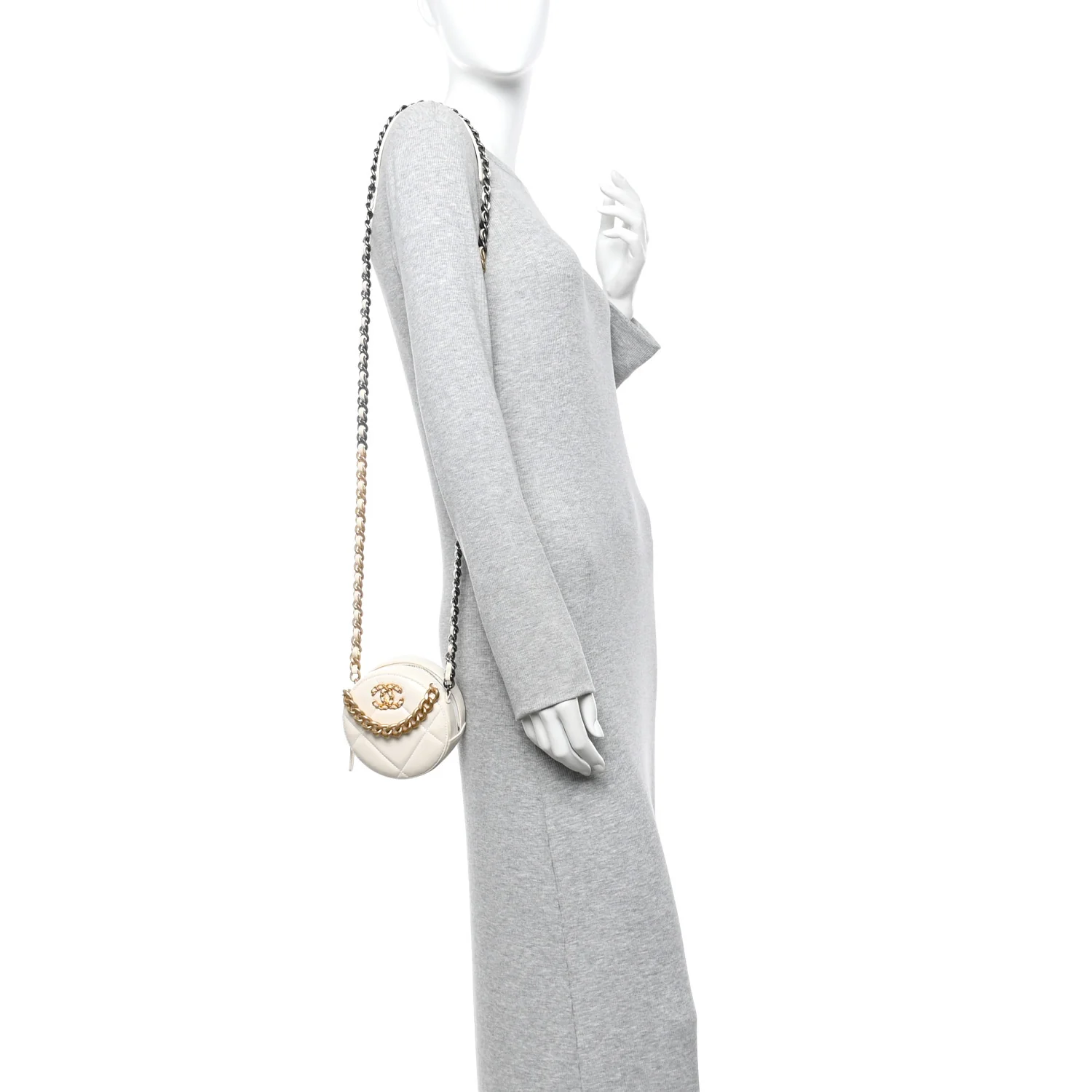 Lambskin Quilted Chanel 19 Round Clutch With Chain White - Image 2