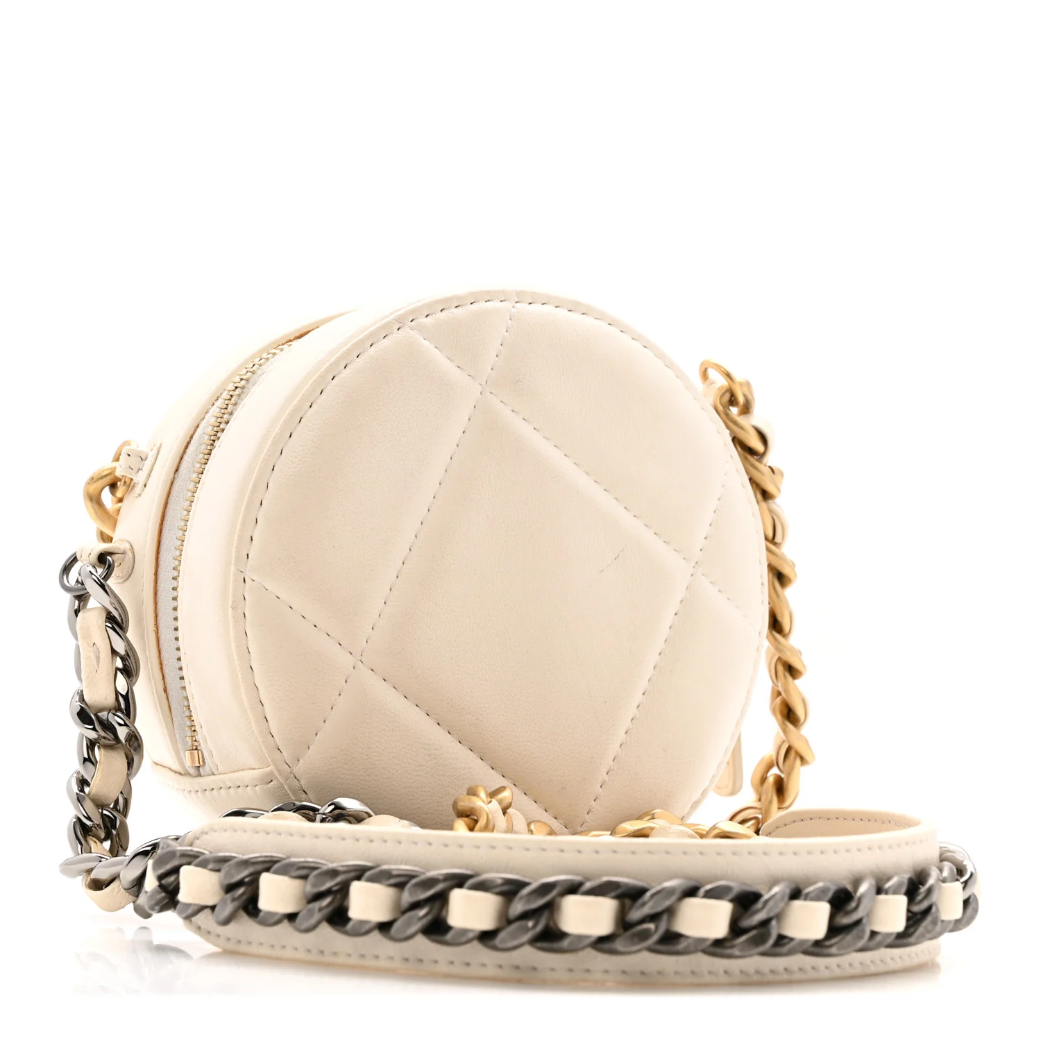Lambskin Quilted Chanel 19 Round Clutch With Chain White - Image 3