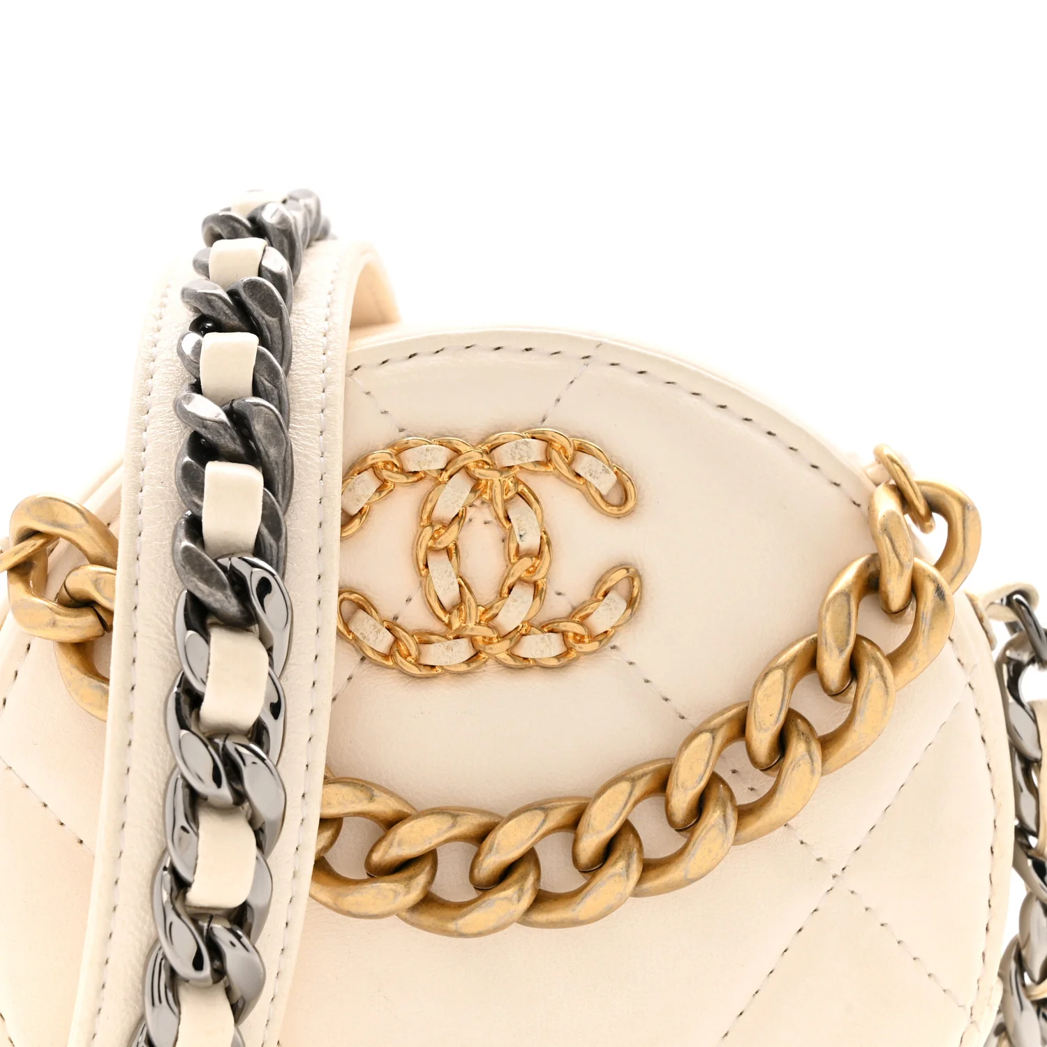 Lambskin Quilted Chanel 19 Round Clutch With Chain White - Image 8
