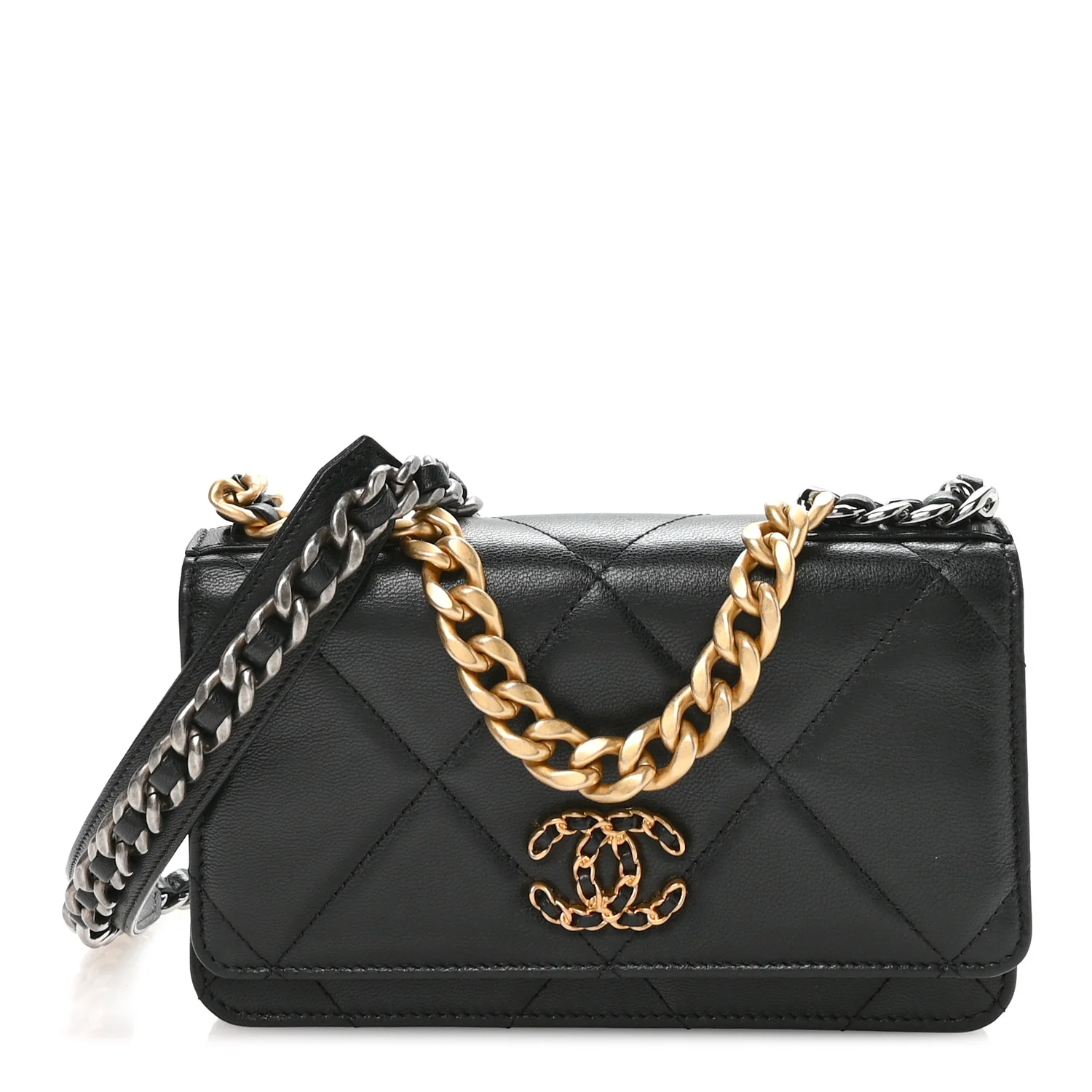 Lambskin Quilted Chanel 19 Wallet On Chain WOC Black - Image 2