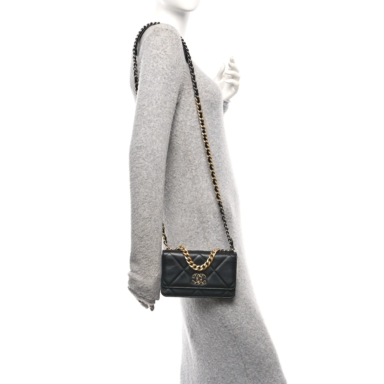 Lambskin Quilted Chanel 19 Wallet On Chain WOC Black - Image 3