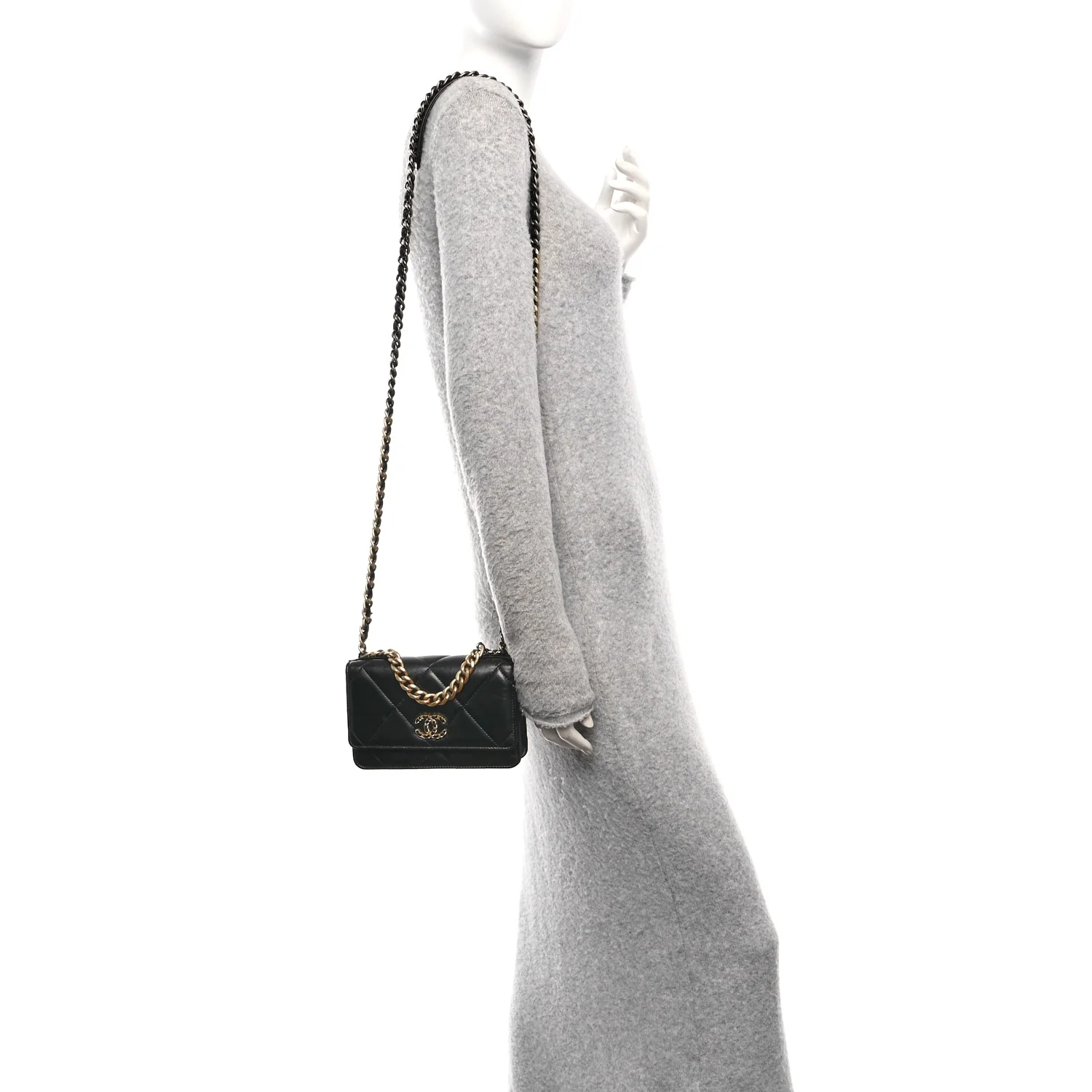 Lambskin Quilted Chanel 19 Wallet On Chain WOC Black - Image 3