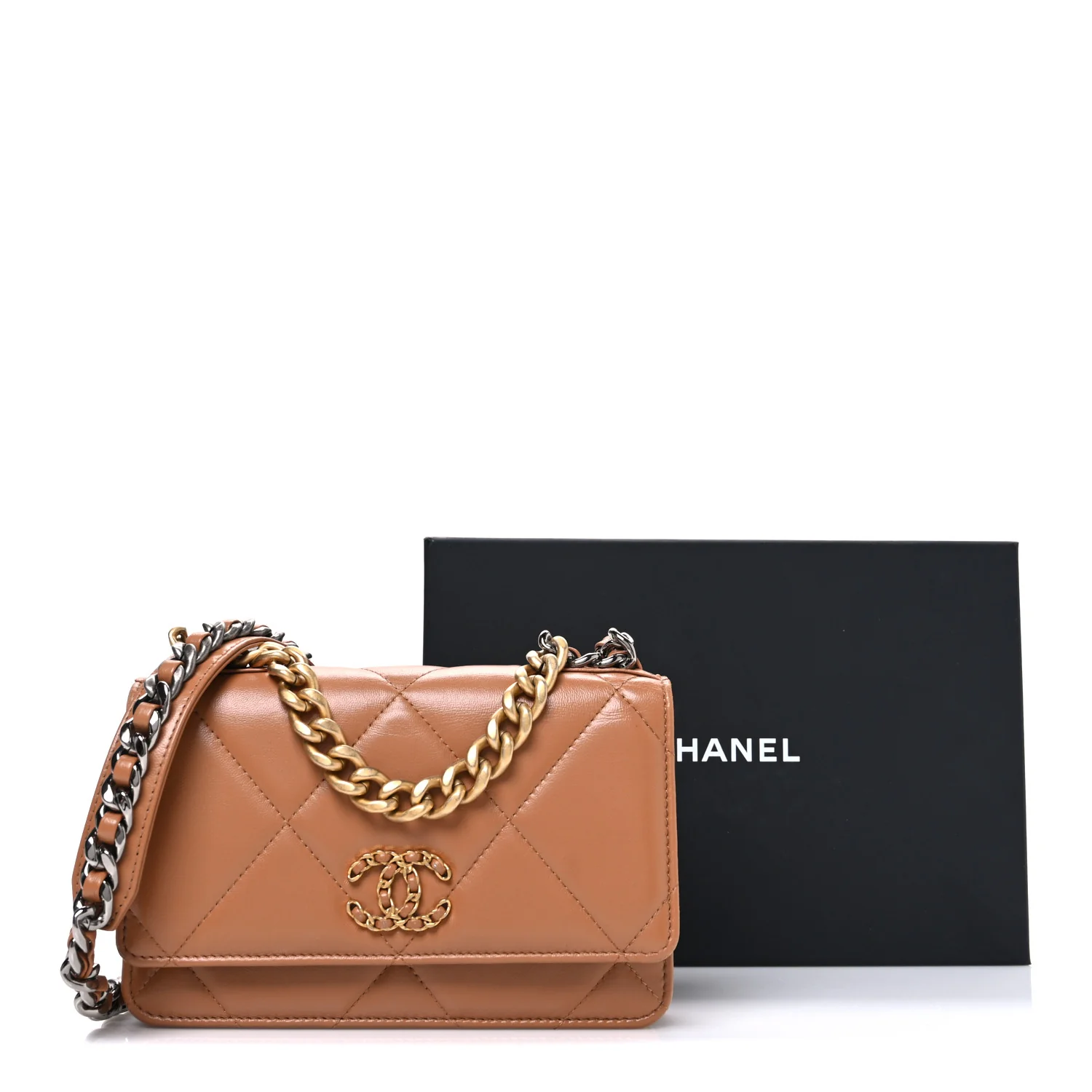 Lambskin Quilted Chanel 19 Wallet On Chain WOC Brown - Image 12