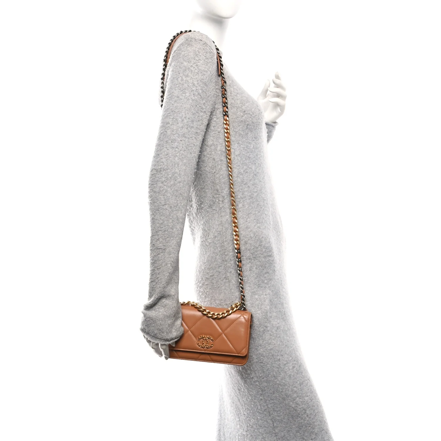 Lambskin Quilted Chanel 19 Wallet On Chain WOC Brown - Image 2