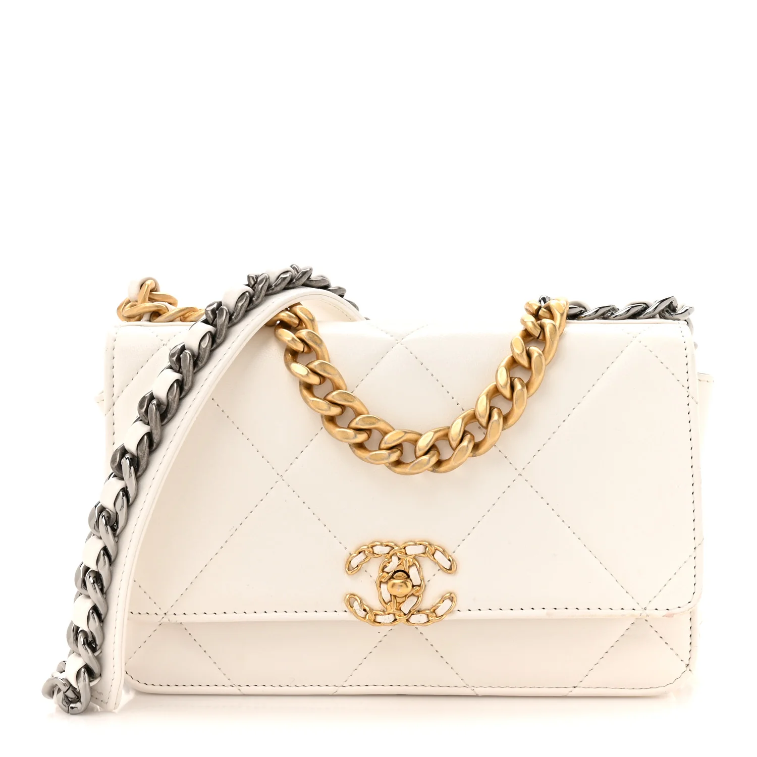 Lambskin Quilted Chanel 19 Wallet On Chain WOC White