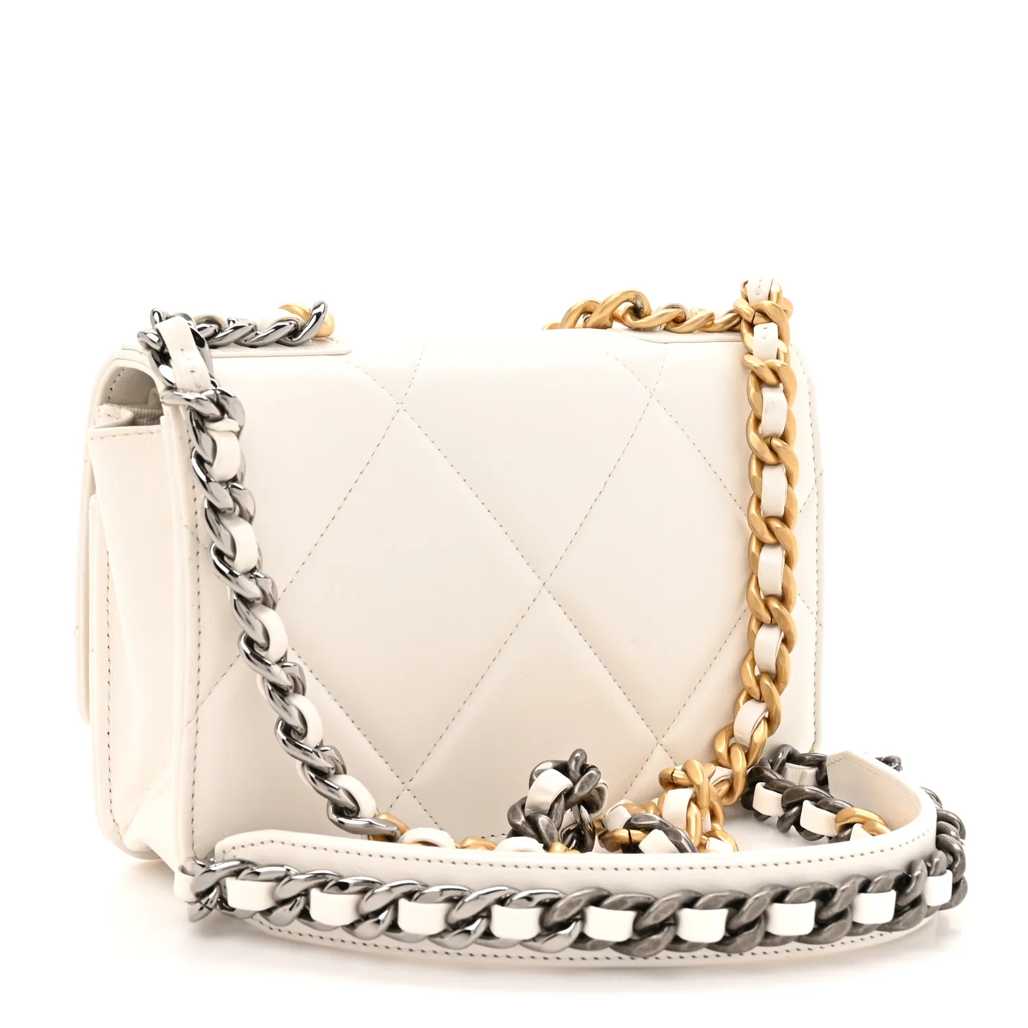 Lambskin Quilted Chanel 19 Wallet On Chain WOC White - Image 3