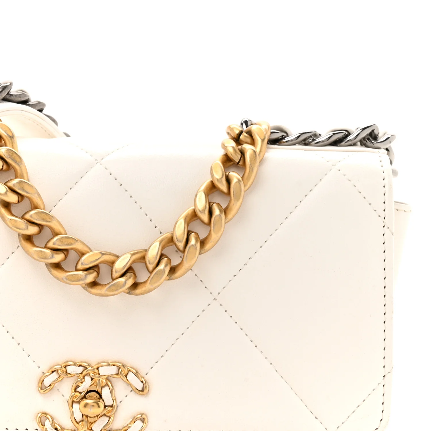 Lambskin Quilted Chanel 19 Wallet On Chain WOC White - Image 9