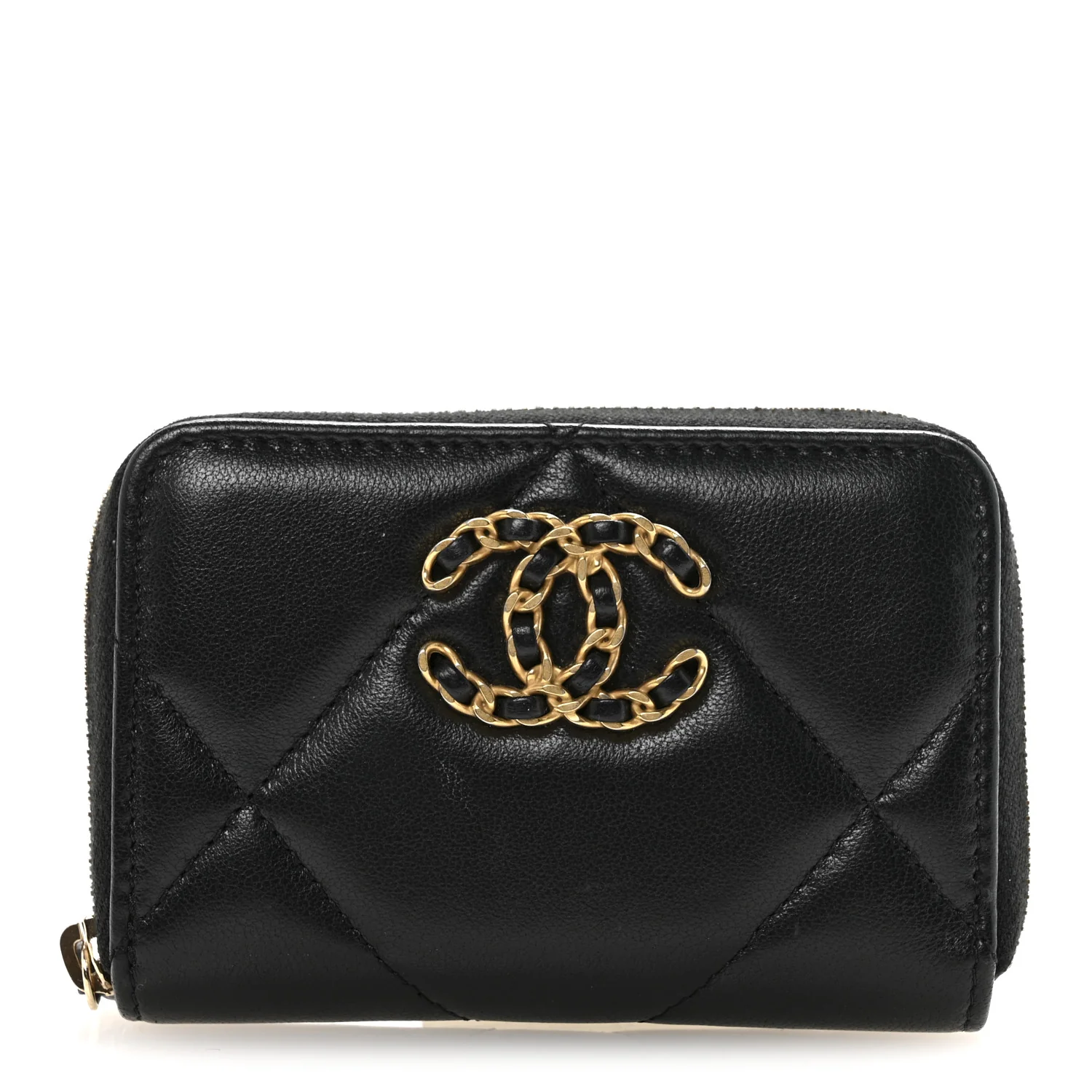 Lambskin Quilted Chanel 19 Zip Around Coin Purse Wallet Black