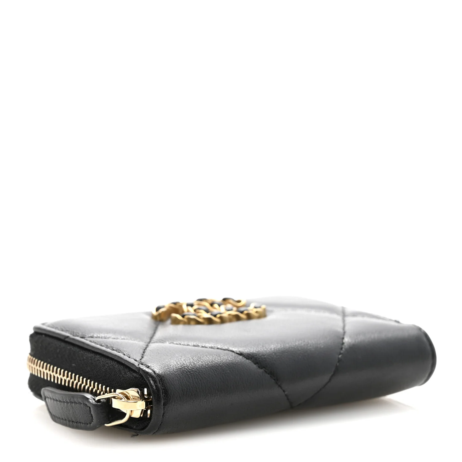 Lambskin Quilted Chanel 19 Zip Around Coin Purse Wallet Black - Image 4