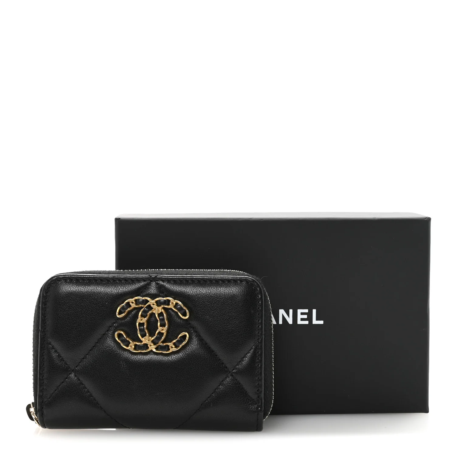 Lambskin Quilted Chanel 19 Zip Around Coin Purse Wallet Black - Image 8
