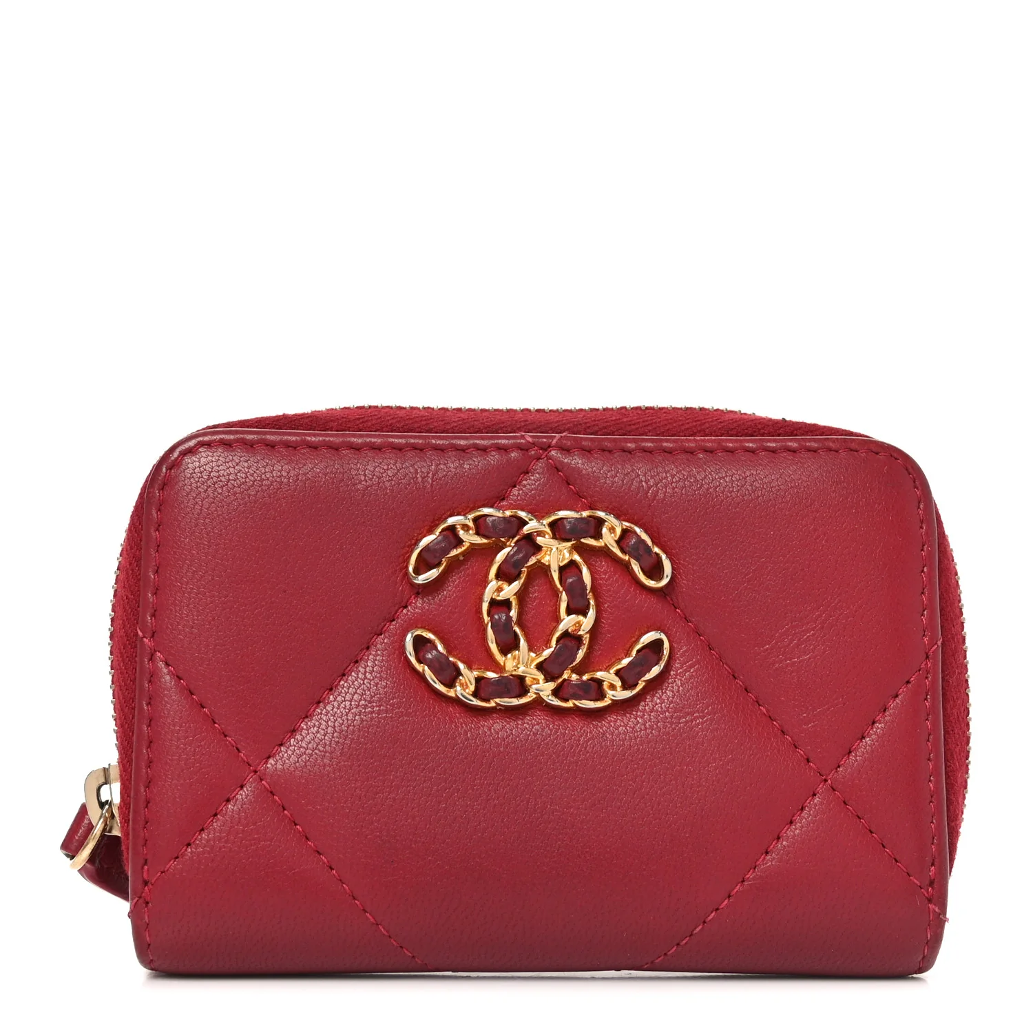 Lambskin Quilted Chanel 19 Zip Around Coin Purse Wallet Dark Red