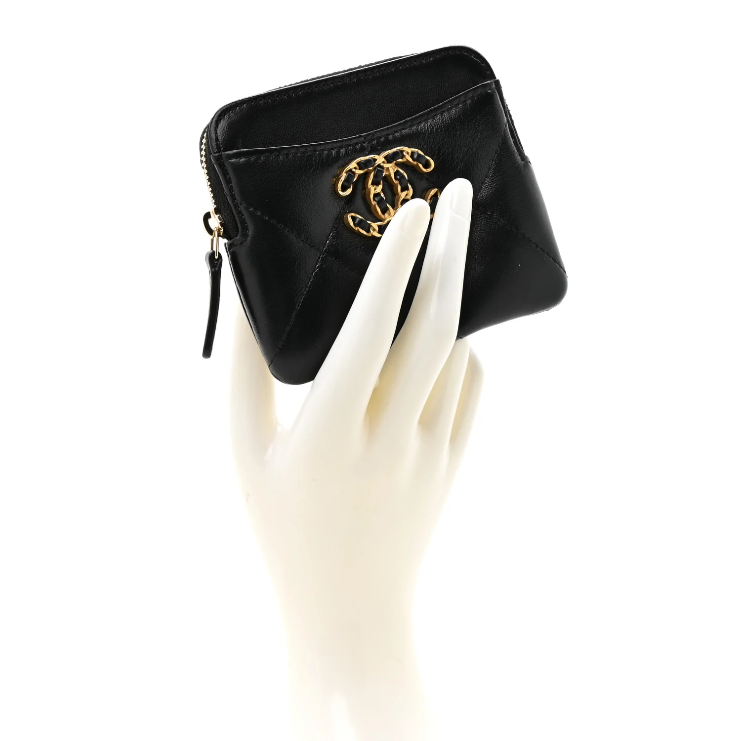 Lambskin Quilted Chanel 19 Zip Card Holder Wallet Black - Image 2