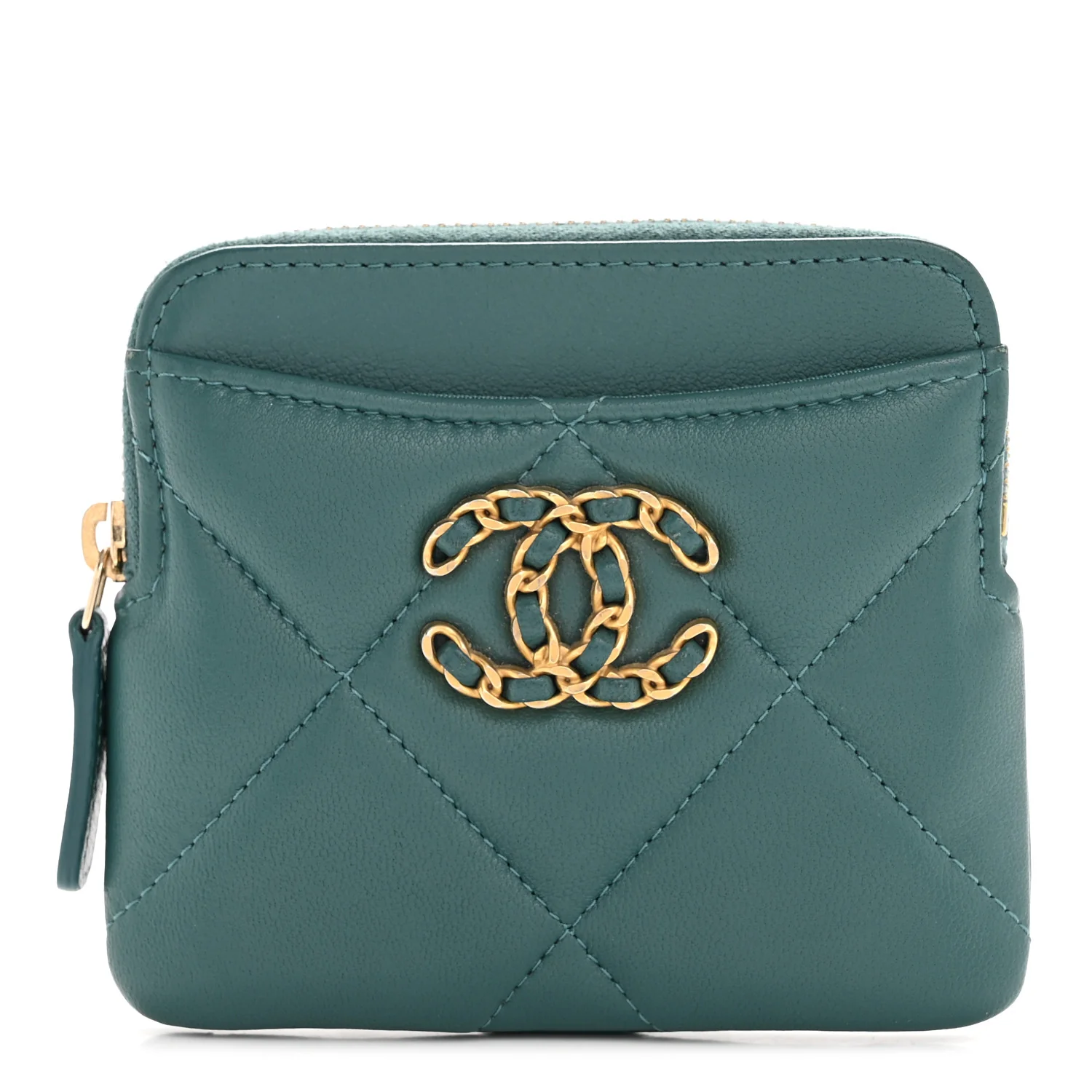 Lambskin Quilted Chanel 19 Zip Card Holder Wallet Dark Green