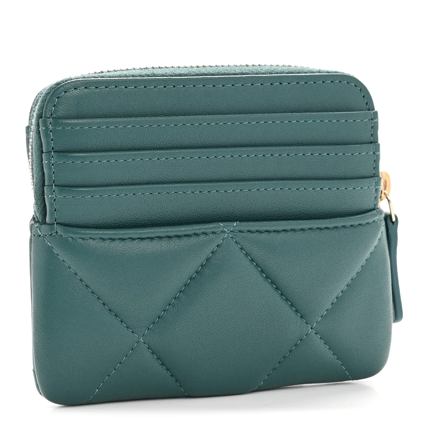 Lambskin Quilted Chanel 19 Zip Card Holder Wallet Dark Green - Image 5