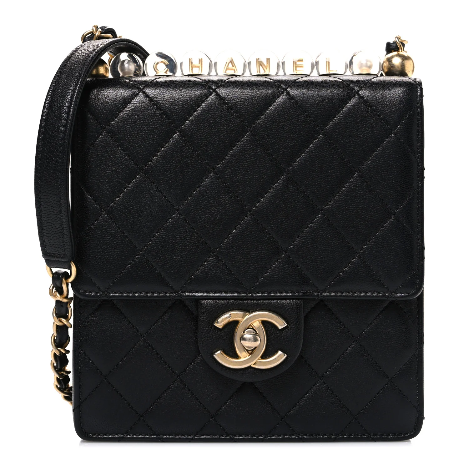 Lambskin Quilted Chic Pearls Flap Black