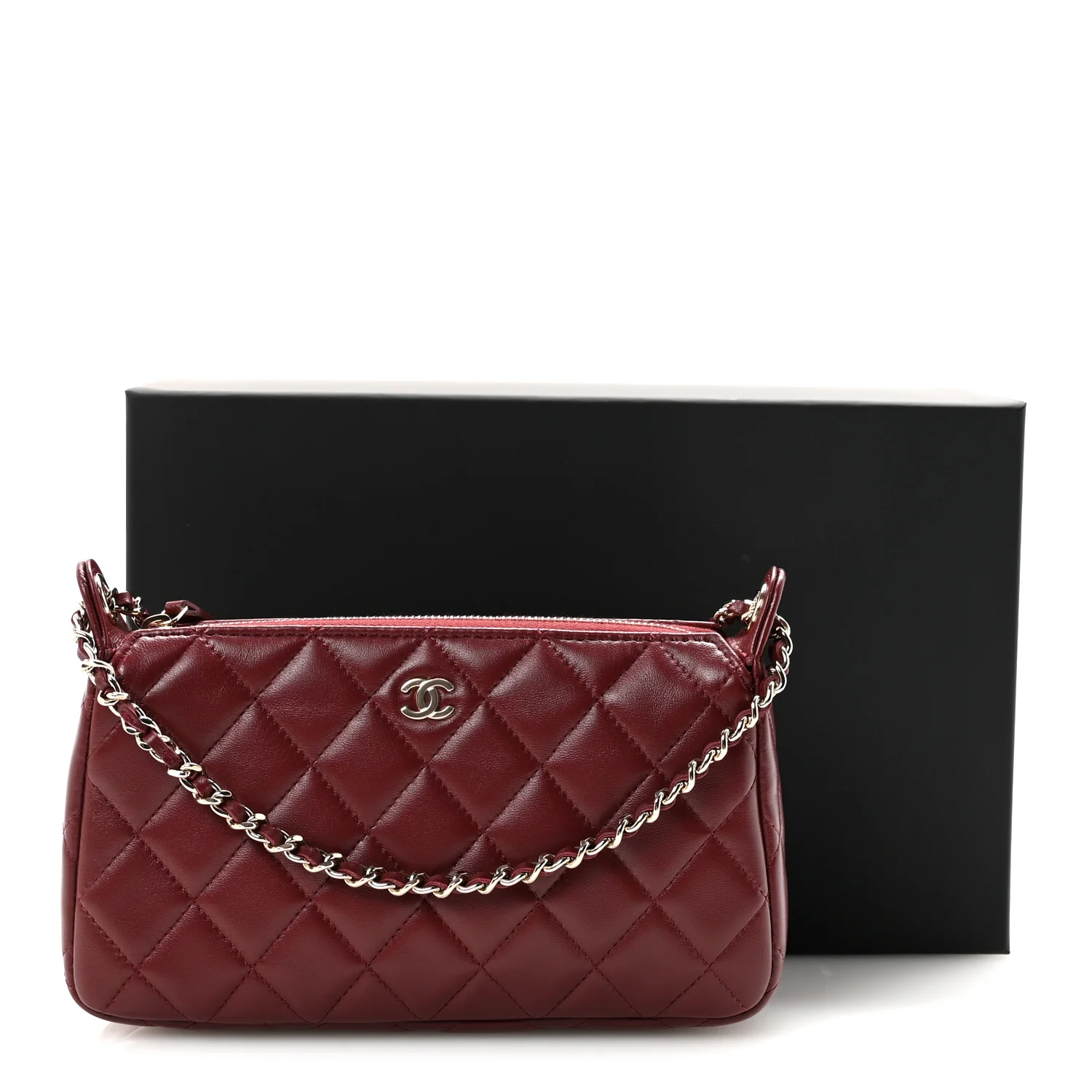 Lambskin Quilted Clutch With Chain Burgundy - Image 11