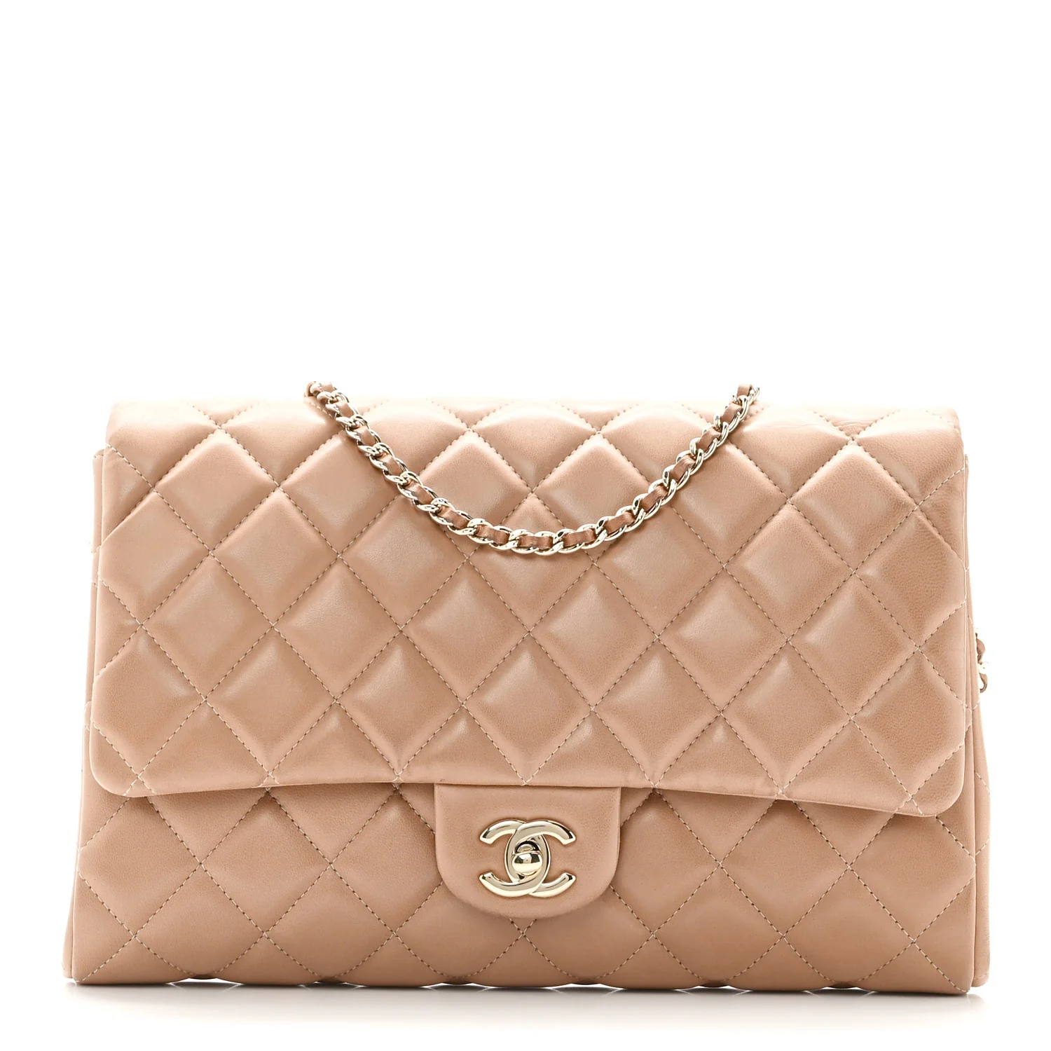 Lambskin Quilted Clutch with Chain Flap Beige Fonce