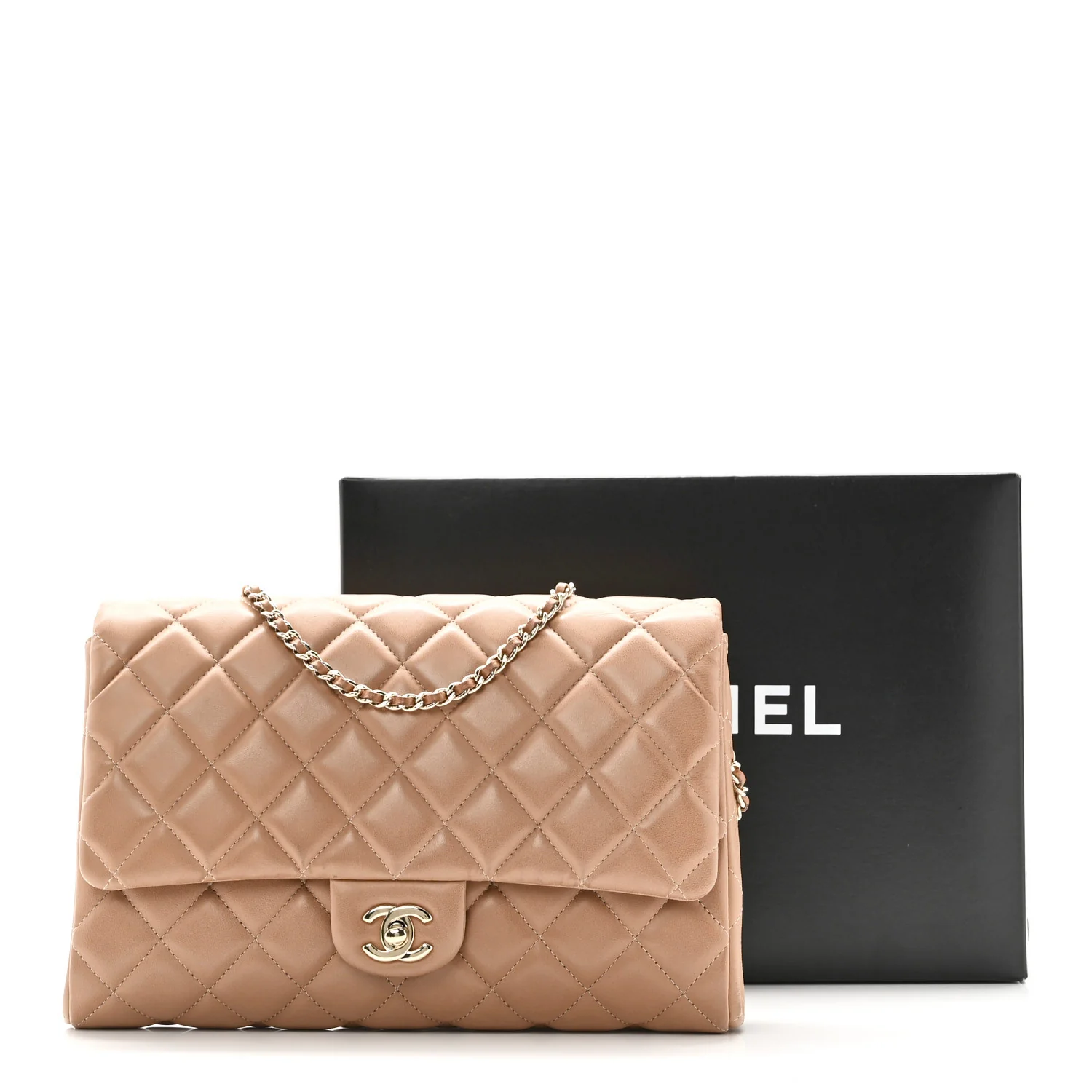 Lambskin Quilted Clutch with Chain Flap Beige Fonce - Image 11