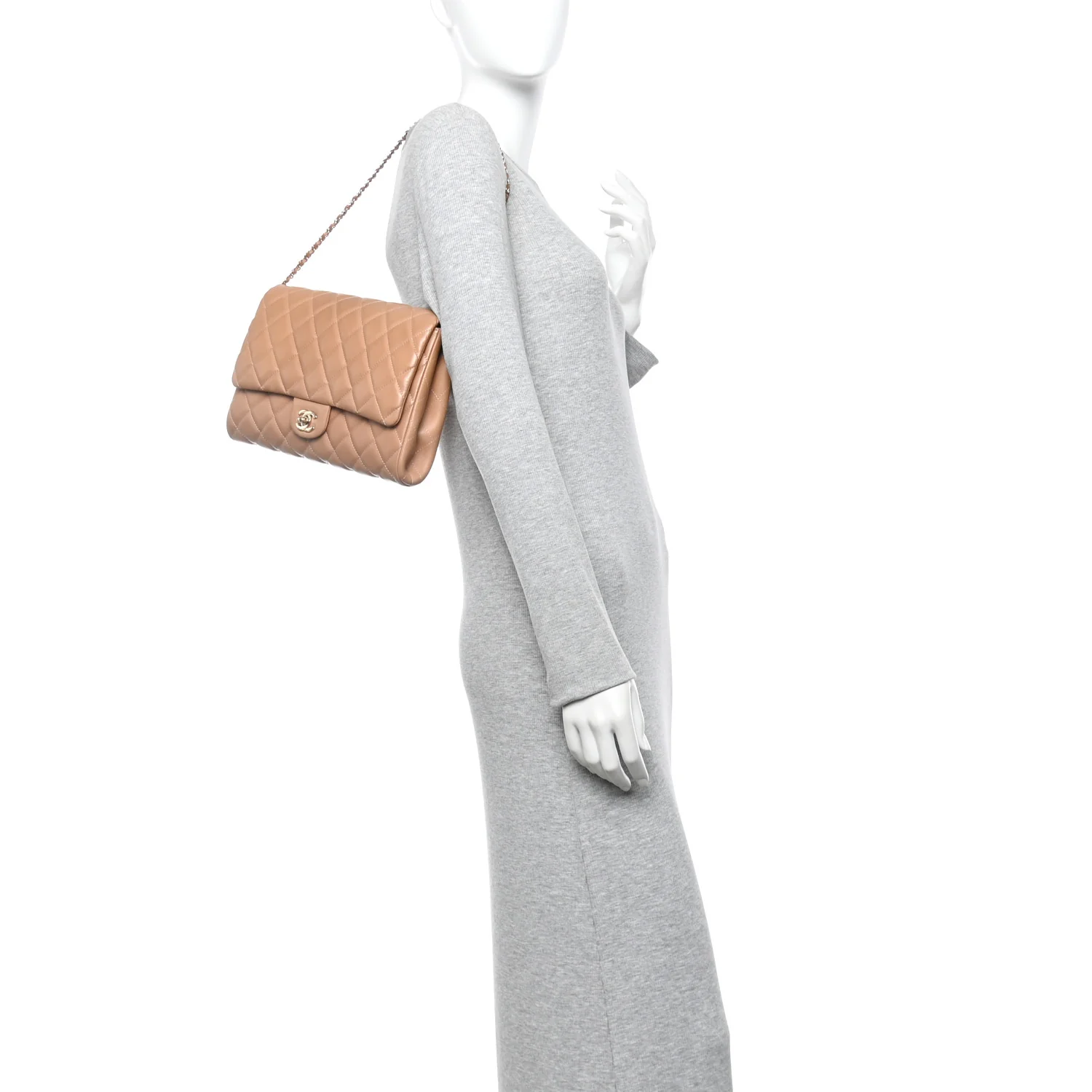 Lambskin Quilted Clutch with Chain Flap Beige Fonce - Image 2