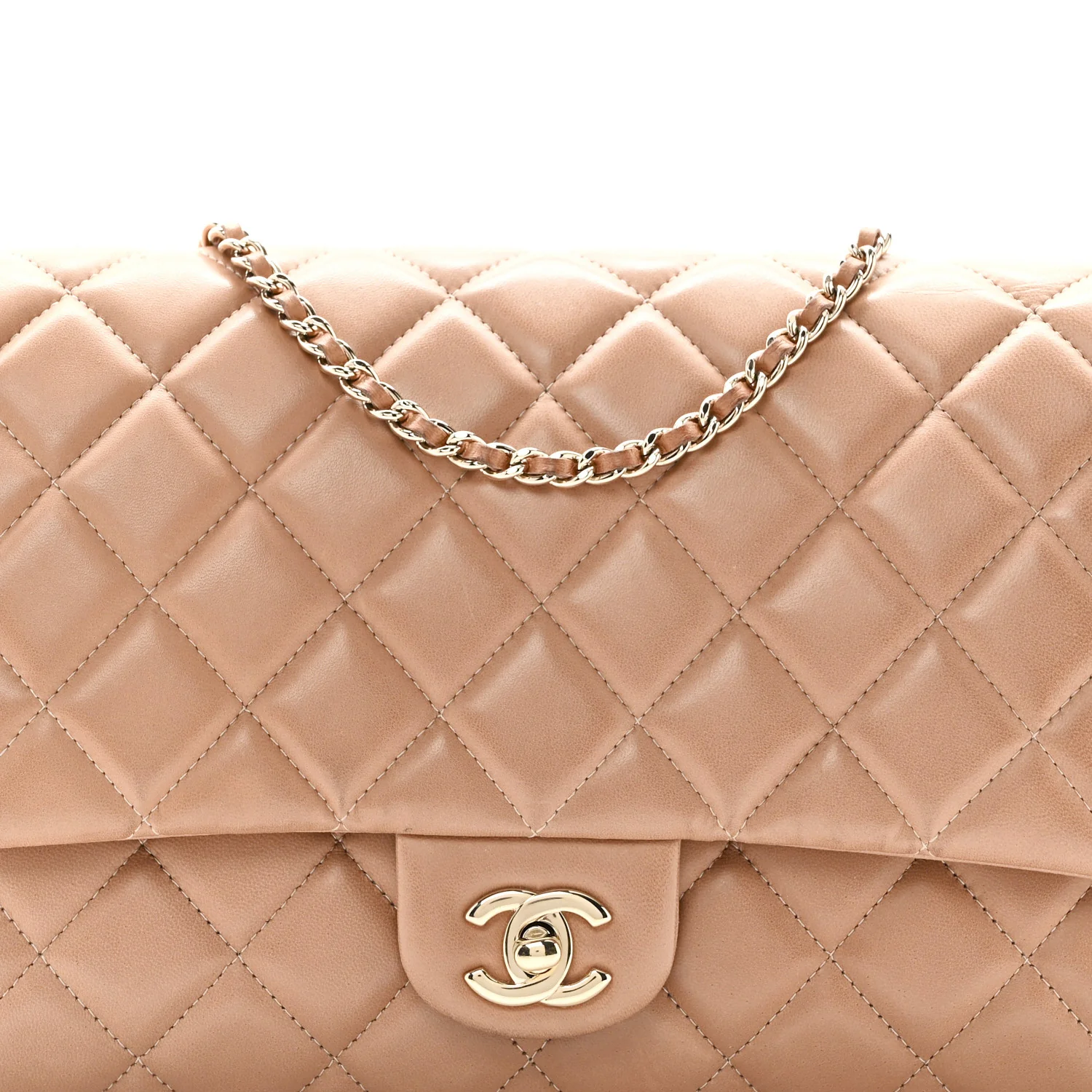 Lambskin Quilted Clutch with Chain Flap Beige Fonce - Image 8