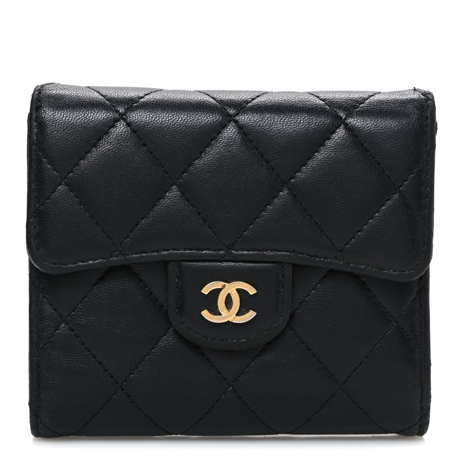 Lambskin Quilted Compact Flap Wallet Black