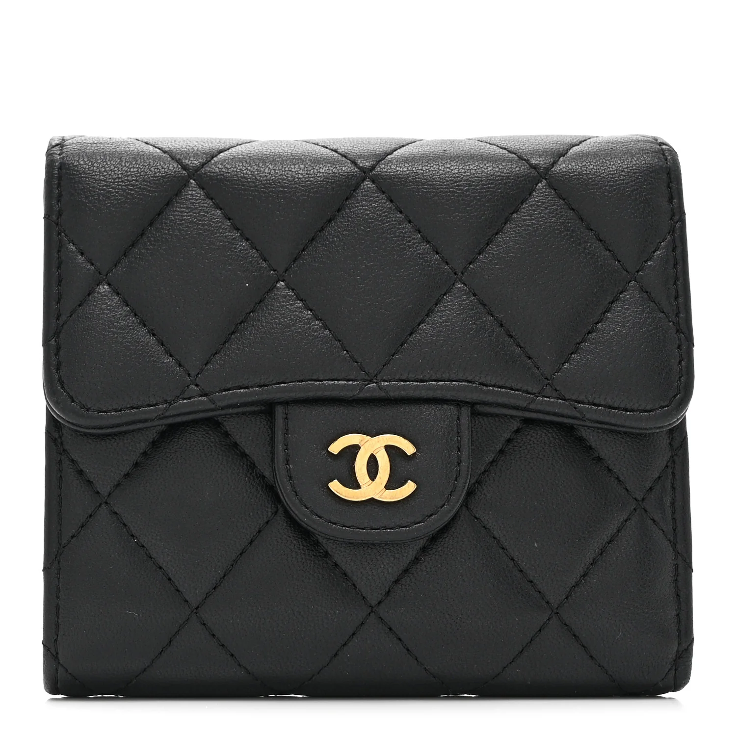 Lambskin Quilted Compact Flap Wallet Black