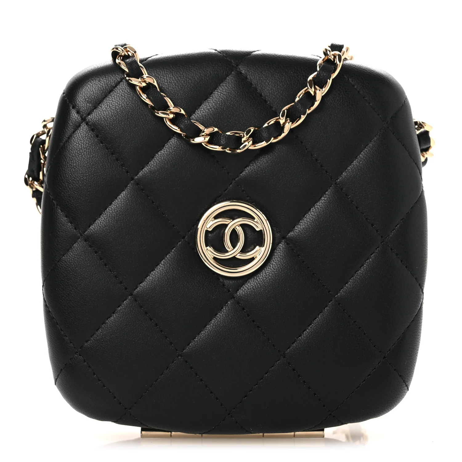 Lambskin Quilted Compact Vanity Case Purse With Chain Black