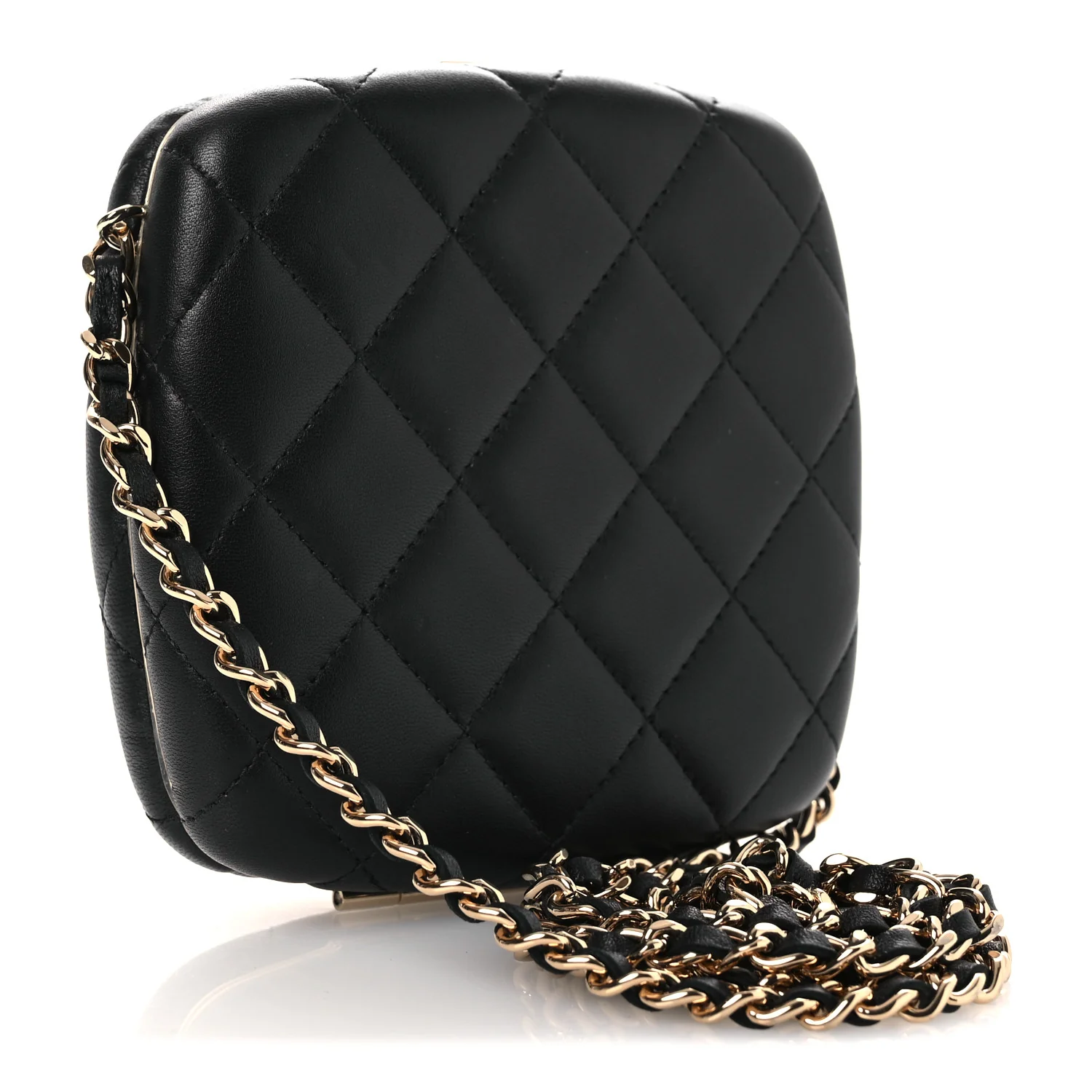 Lambskin Quilted Compact Vanity Case Purse With Chain Black - Image 3