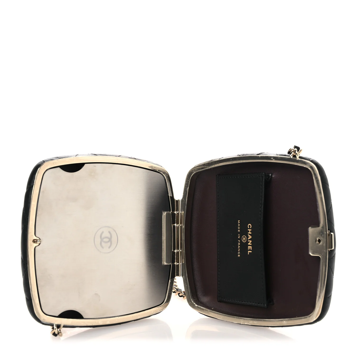Lambskin Quilted Compact Vanity Case Purse With Chain Black - Image 5