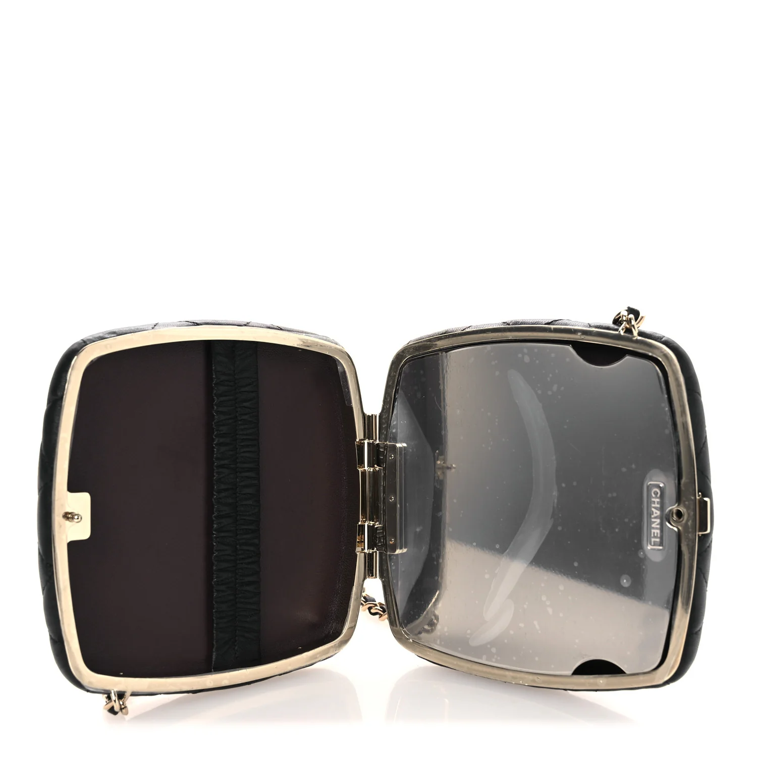 Lambskin Quilted Compact Vanity Case Purse With Chain Black - Image 6