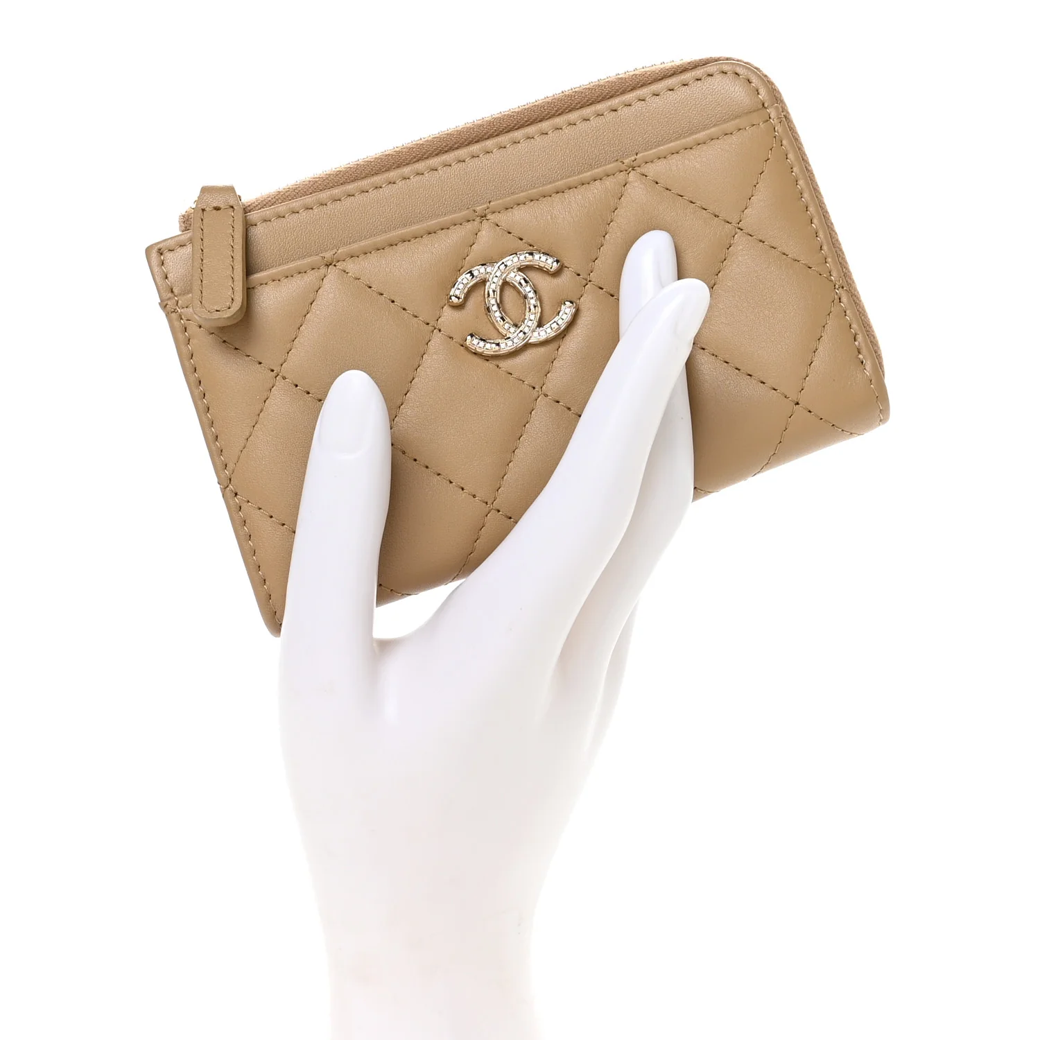 Lambskin Quilted Crystal CC Zip Card Holder Dark Beige - Image 2