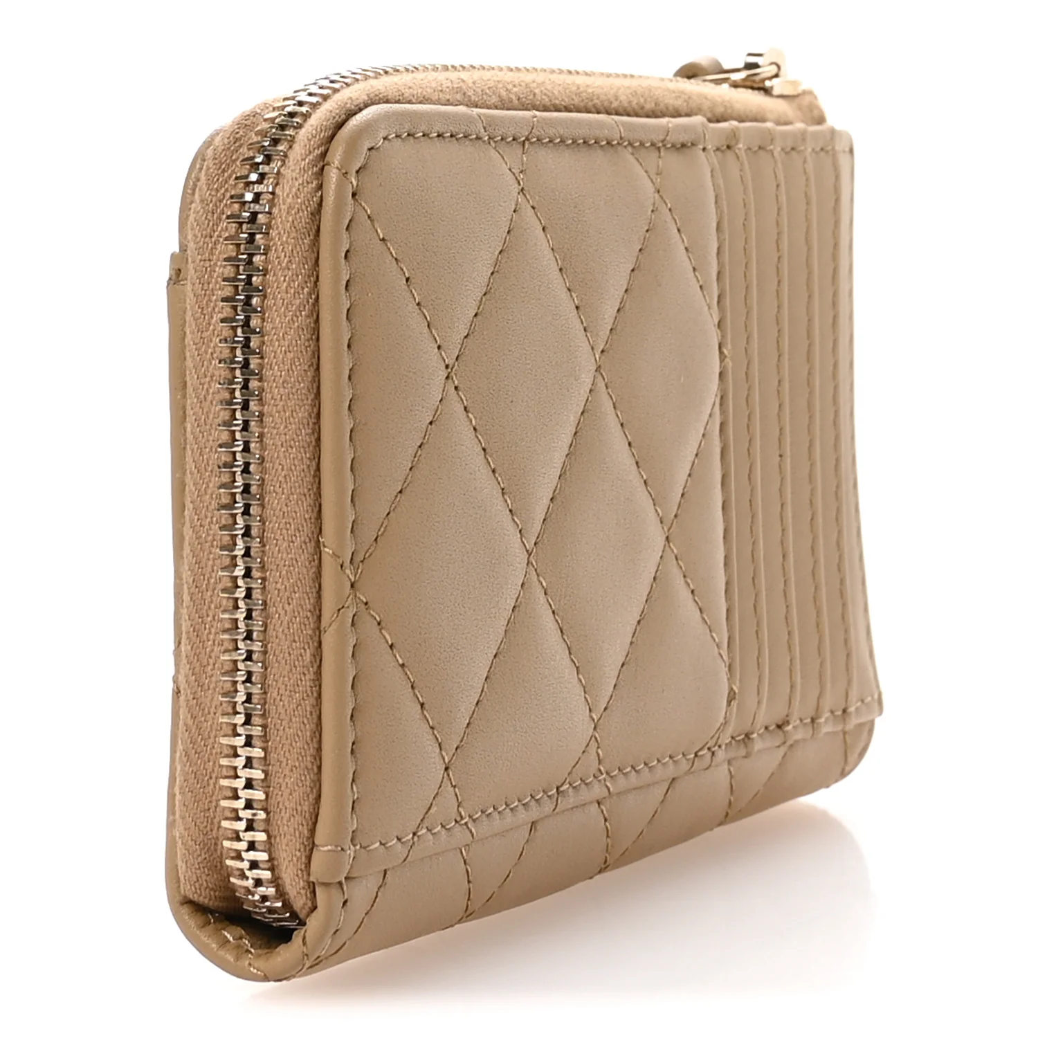 Lambskin Quilted Crystal CC Zip Card Holder Dark Beige - Image 3