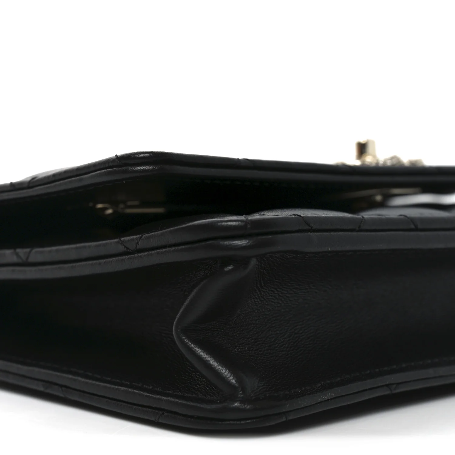 Lambskin Quilted Crystal Handle Wallet On Chain WOC Black - Image 10
