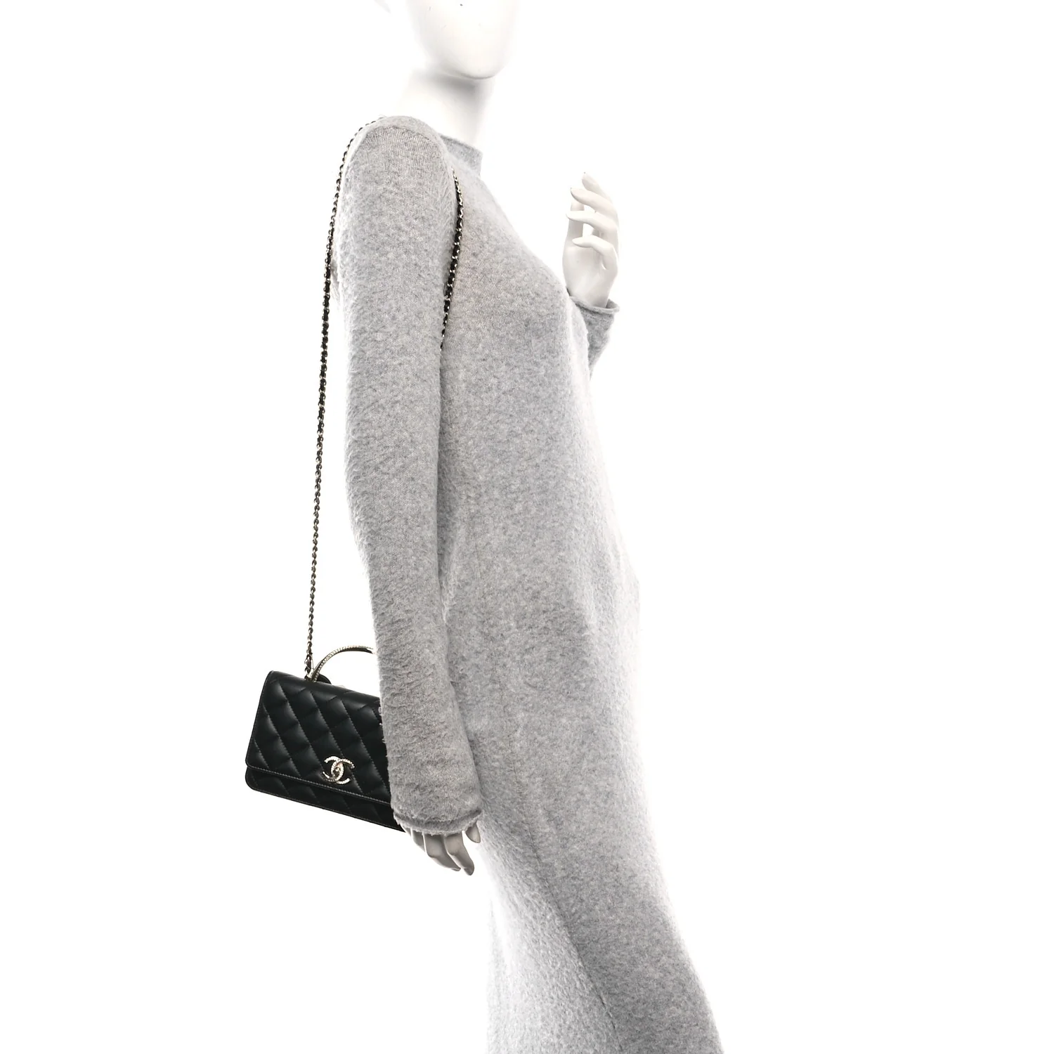 Lambskin Quilted Crystal Handle Wallet On Chain WOC Black - Image 2