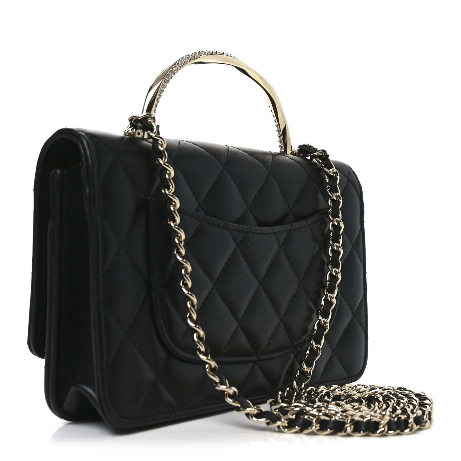 Lambskin Quilted Crystal Handle Wallet On Chain WOC Black - Image 3