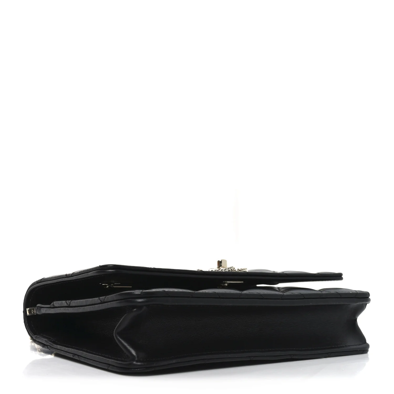 Lambskin Quilted Crystal Handle Wallet On Chain WOC Black - Image 4