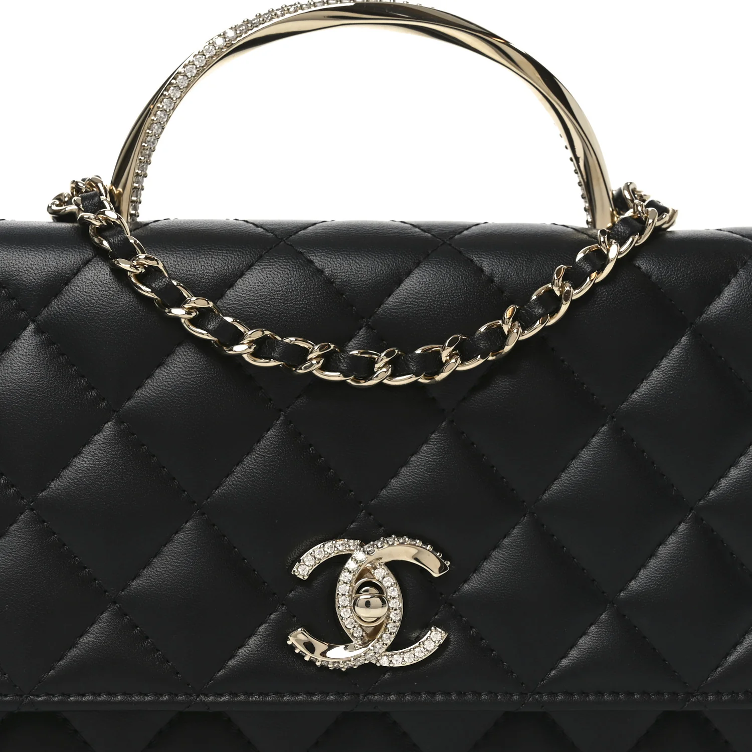 Lambskin Quilted Crystal Handle Wallet On Chain WOC Black - Image 9