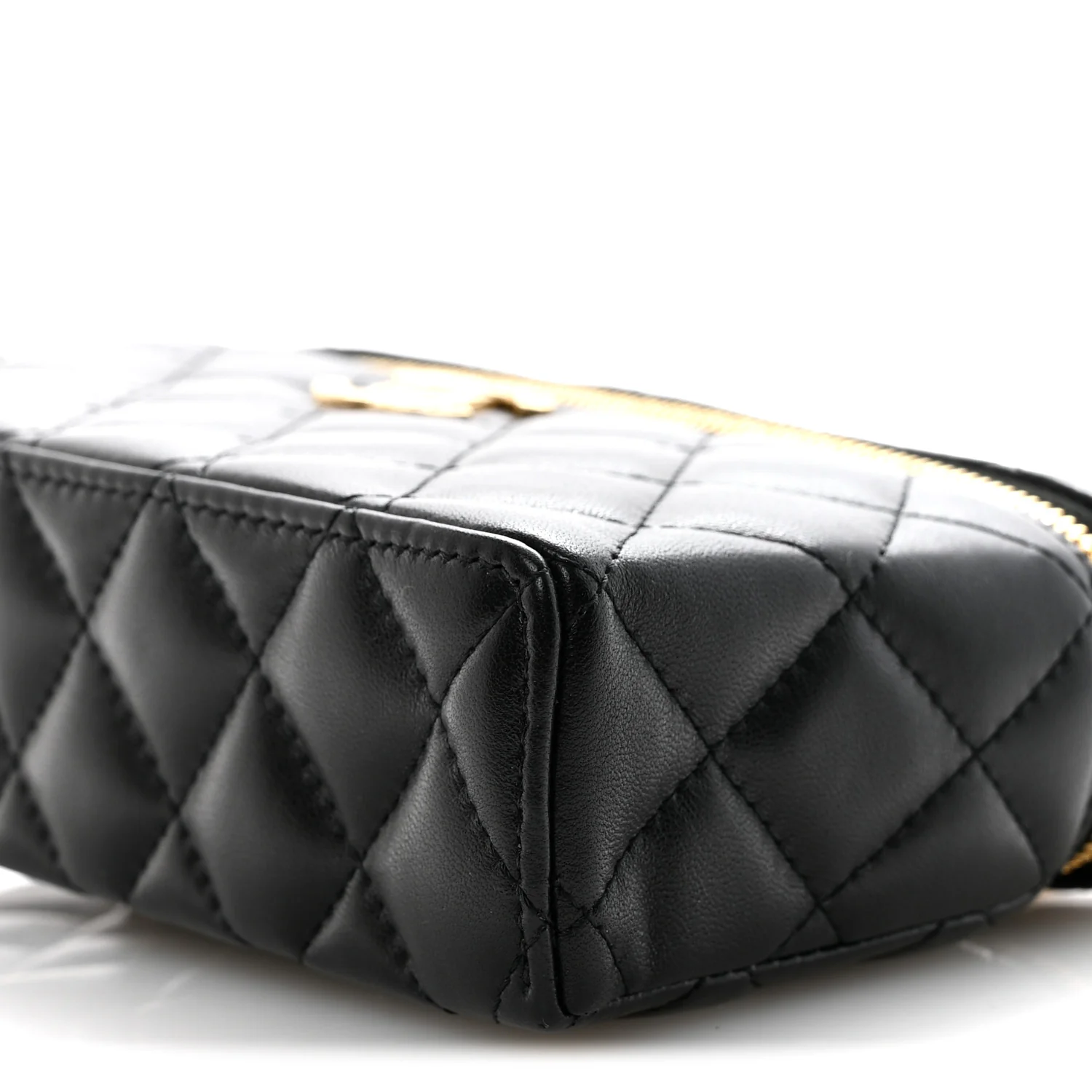 Lambskin Quilted Crystal Ridged CC Top Handle Slim Vanity Case With Chain Black - Image 10