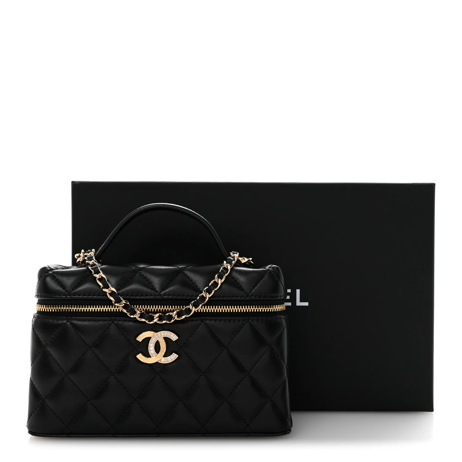 Lambskin Quilted Crystal Ridged CC Top Handle Slim Vanity Case With Chain Black - Image 11