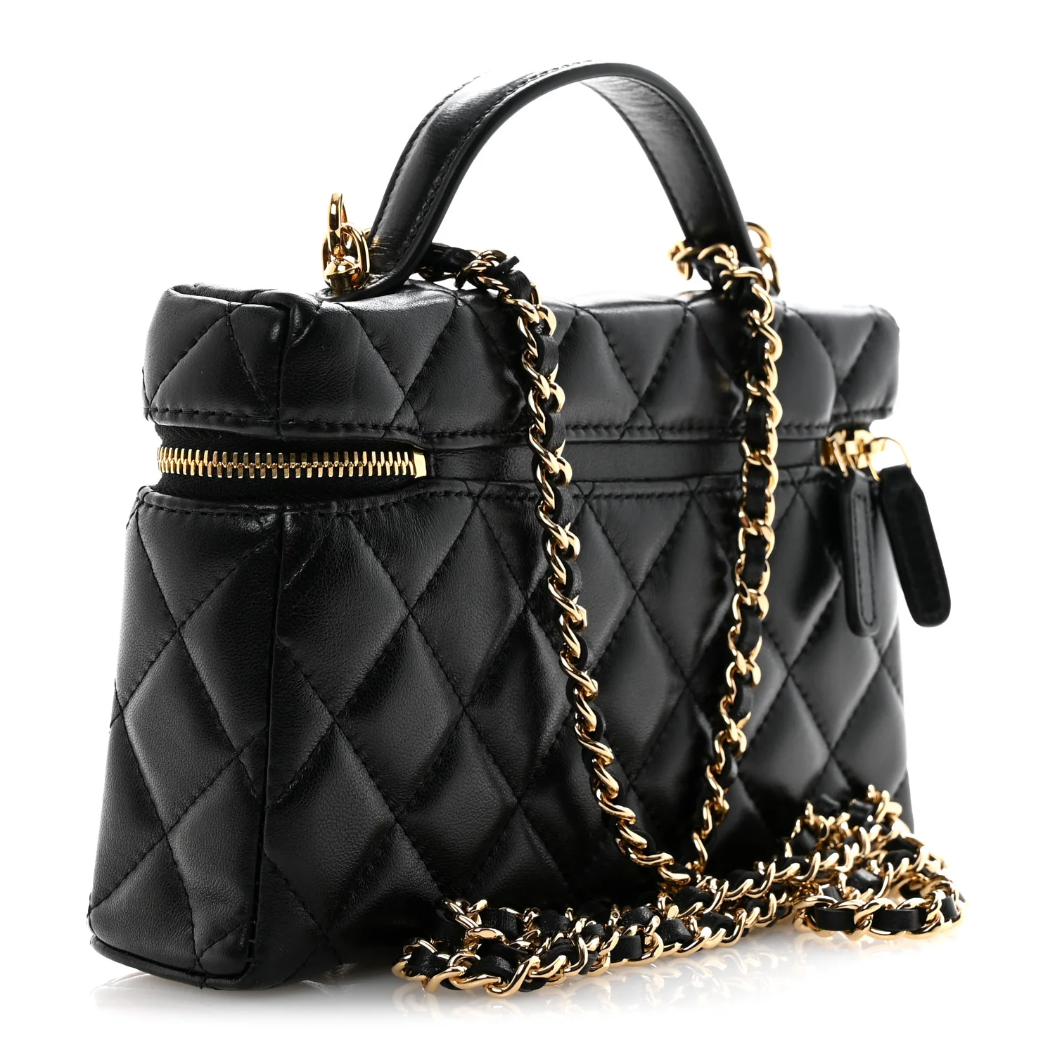 Lambskin Quilted Crystal Ridged CC Top Handle Slim Vanity Case With Chain Black - Image 3