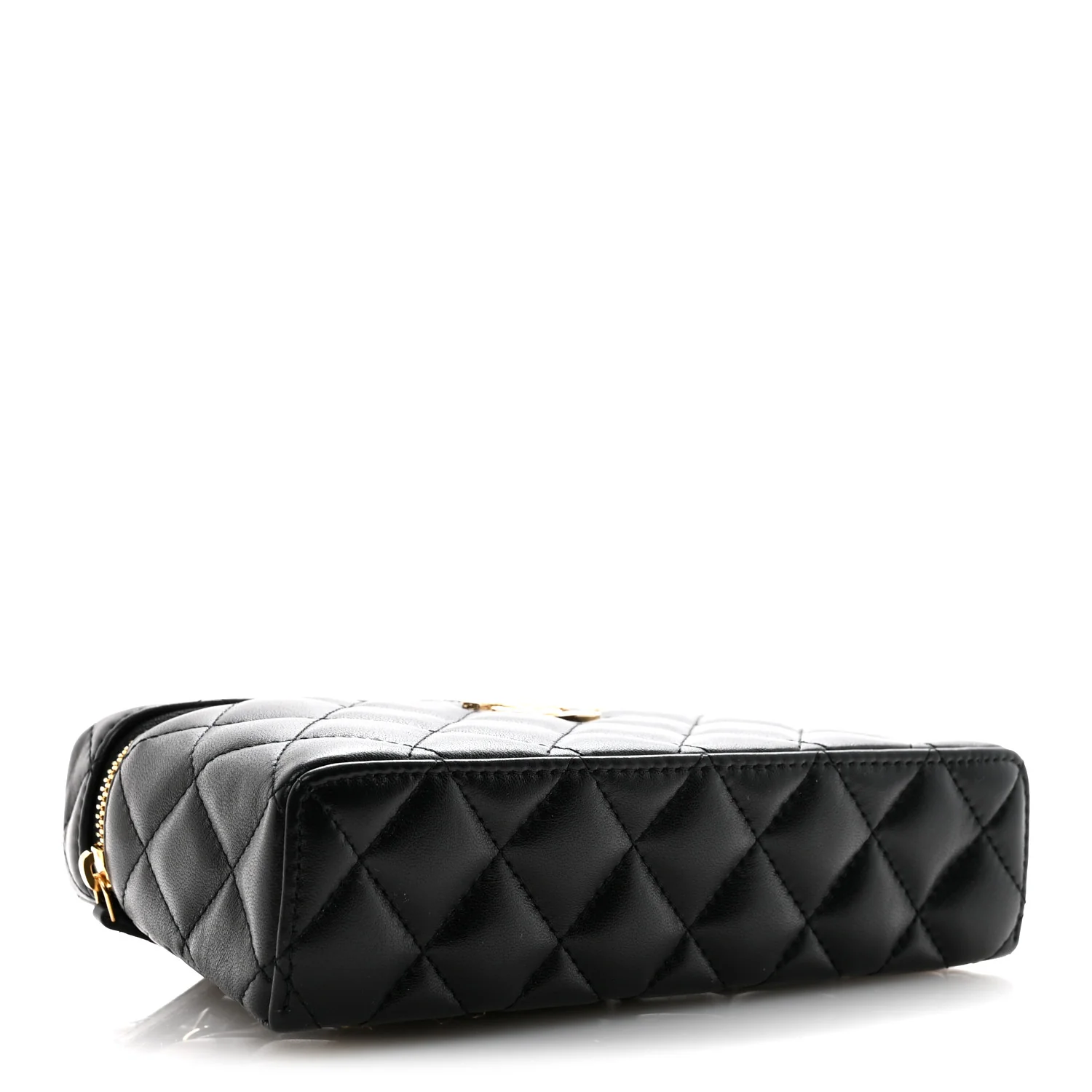 Lambskin Quilted Crystal Ridged CC Top Handle Slim Vanity Case With Chain Black - Image 4