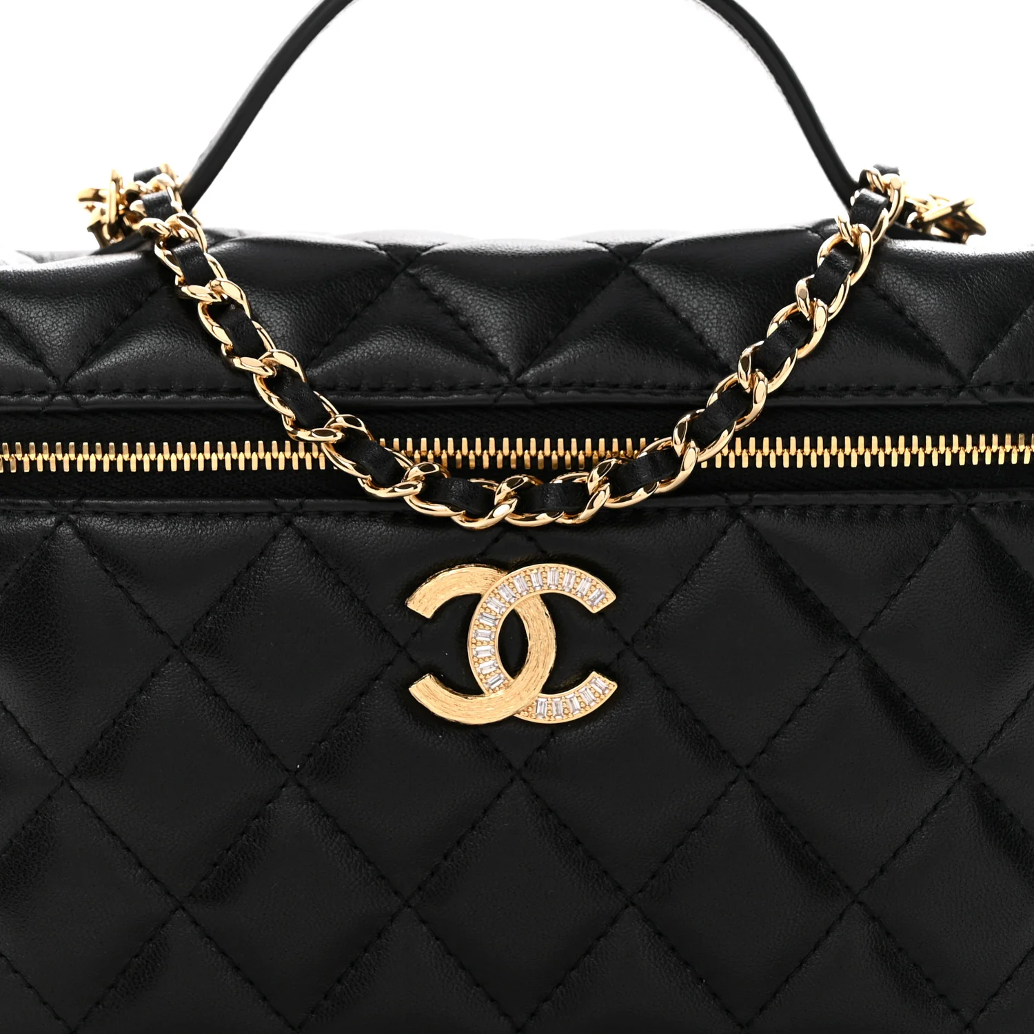 Lambskin Quilted Crystal Ridged CC Top Handle Slim Vanity Case With Chain Black - Image 8