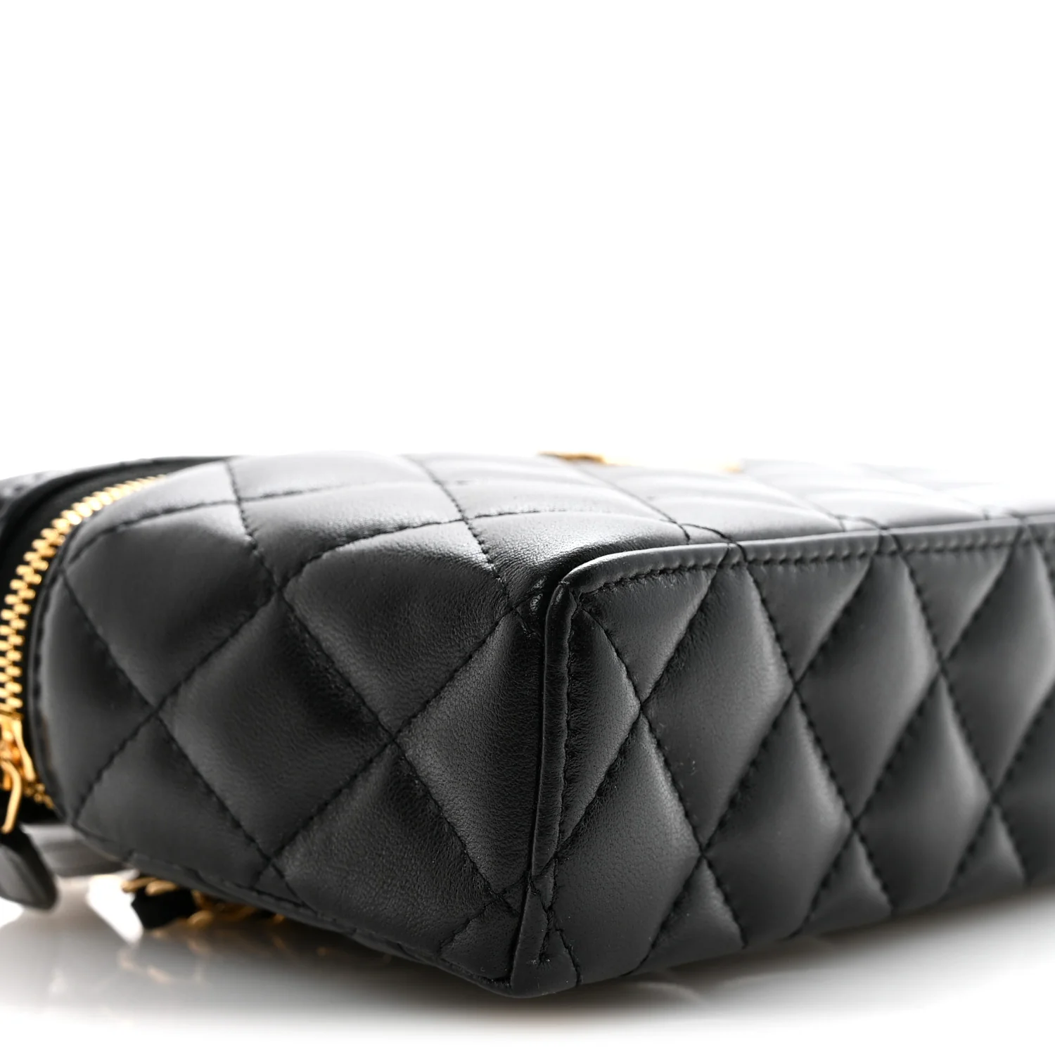 Lambskin Quilted Crystal Ridged CC Top Handle Slim Vanity Case With Chain Black - Image 9