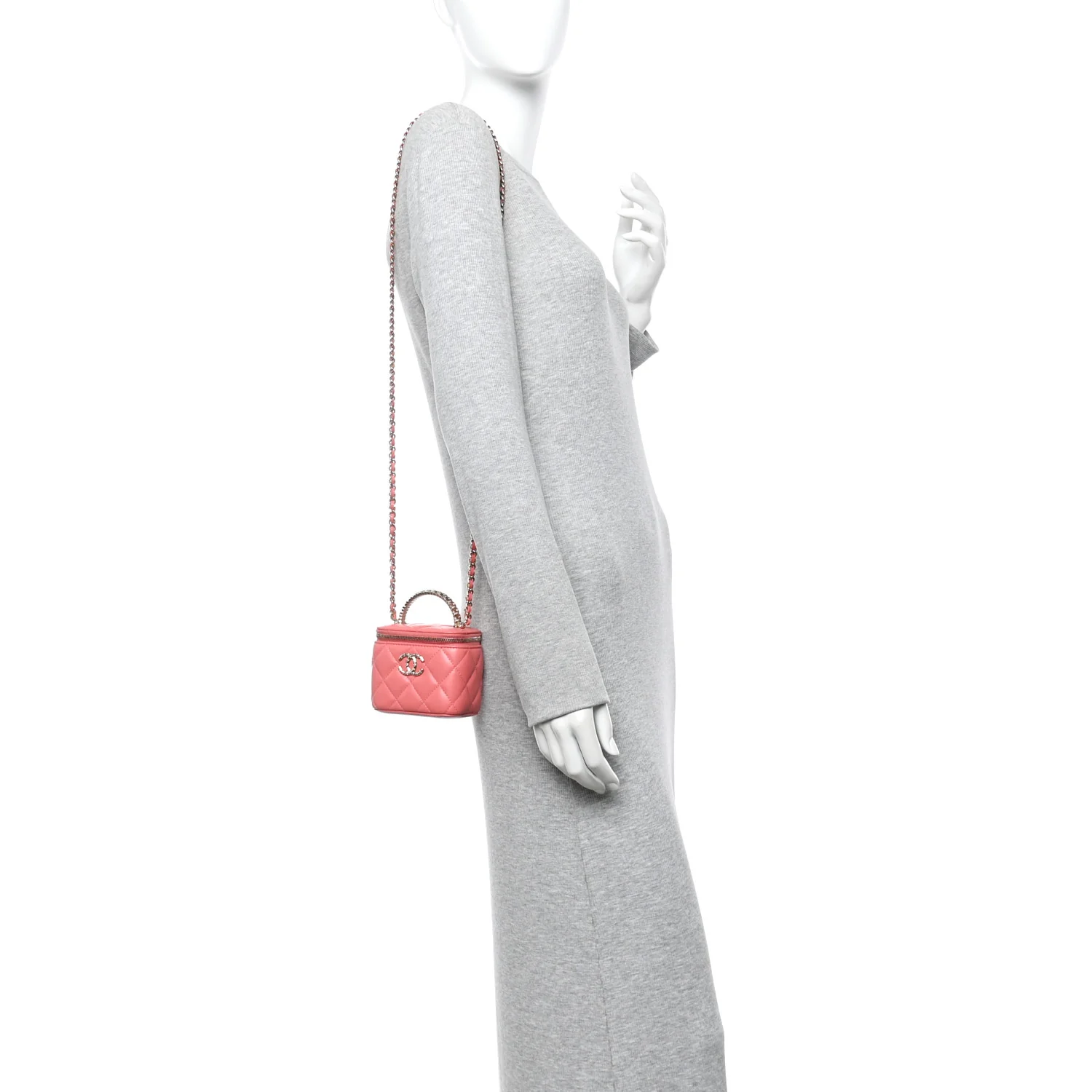 Lambskin Quilted Crystal Top Handle Mini Vanity Case With Chain Coral - Image 2
