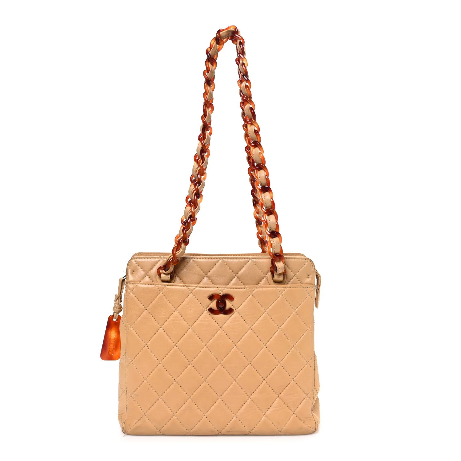 Lambskin Quilted Diamond CC Bekko Chain Shoulder Bag Beige