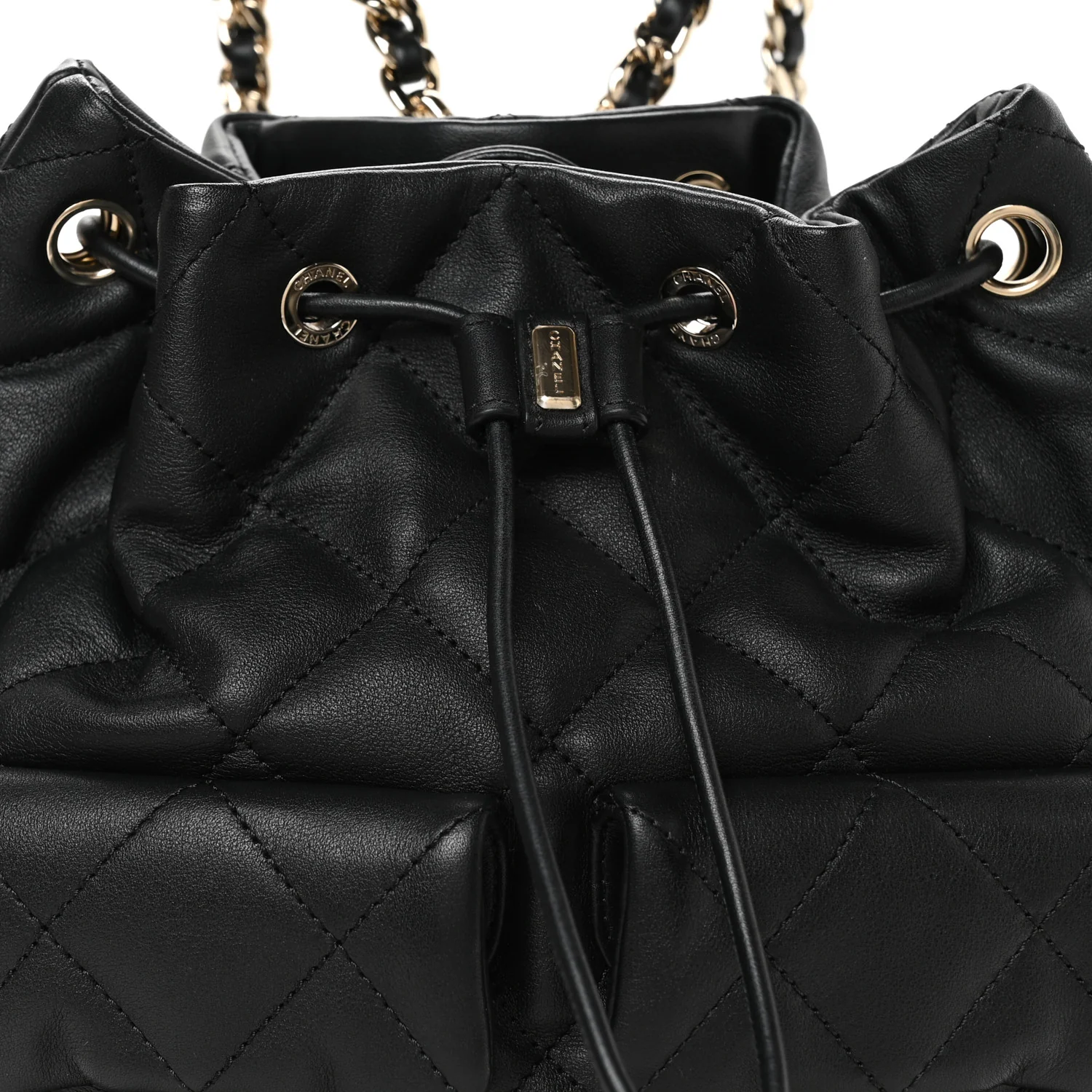 Lambskin Quilted Double Pocket Drawstring Backpack Black - Image 8