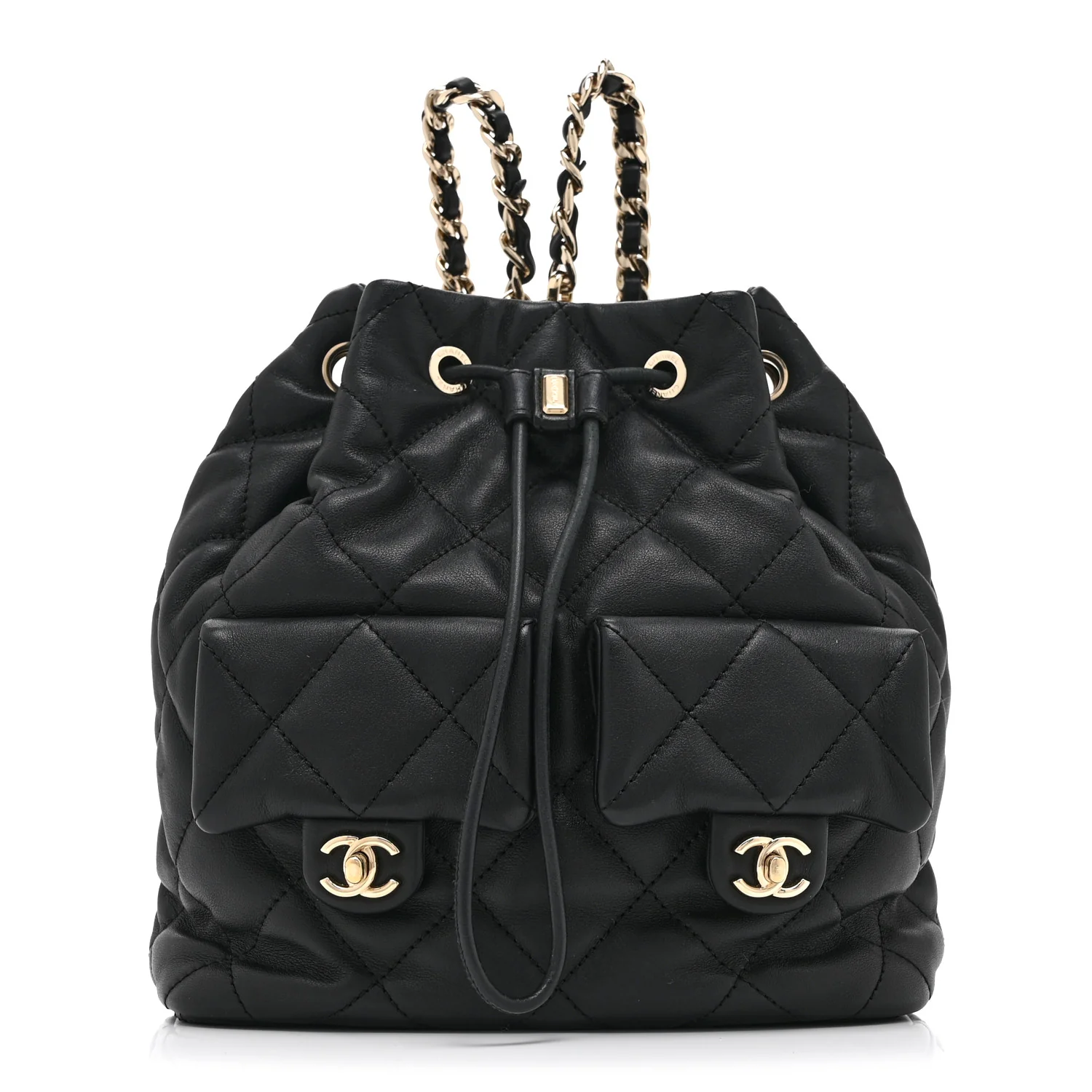 Lambskin Quilted Double Pocket Drawstring Backpack Black